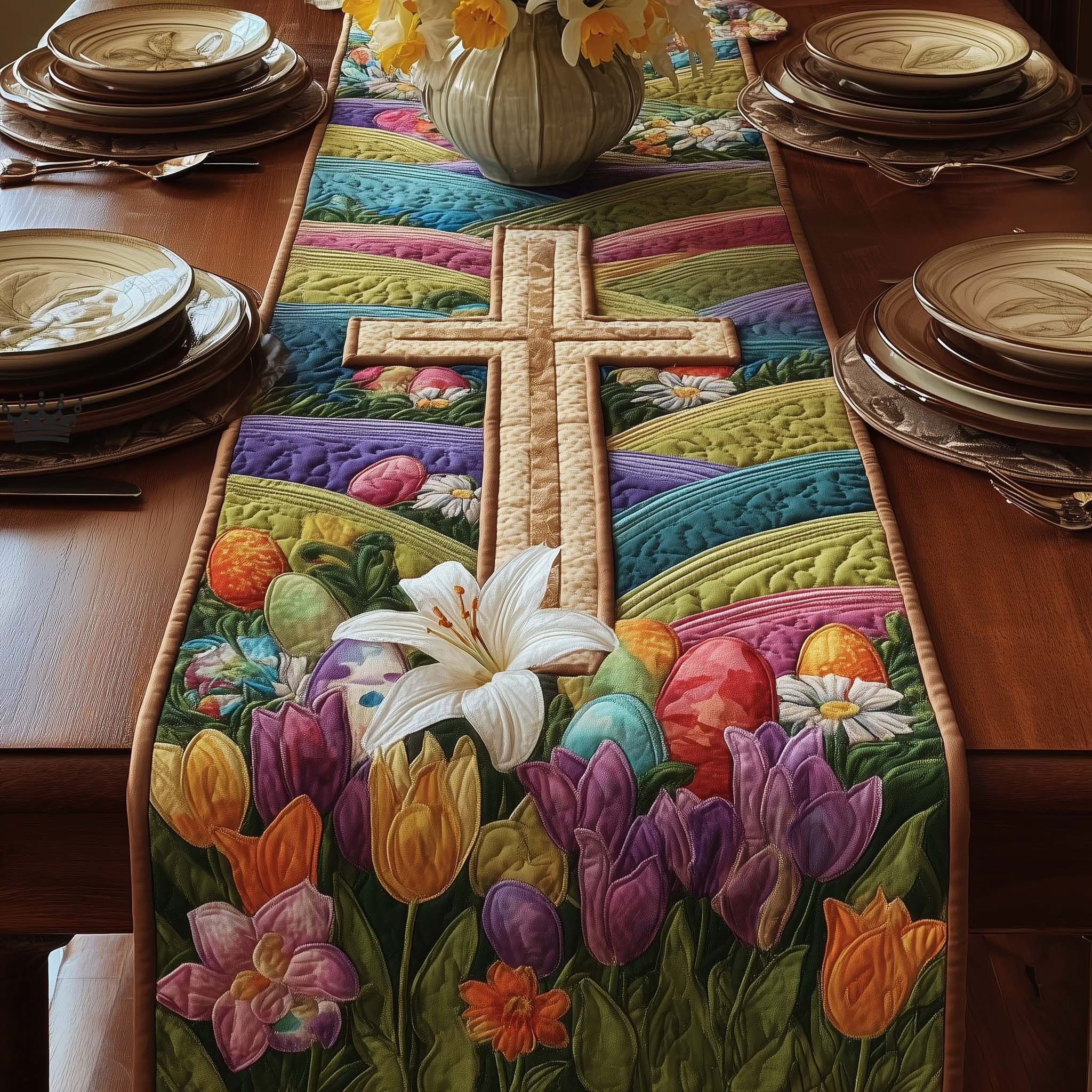 Faithful Sunrise Easter Quilted Table Runner Christian Cross Egg Easter's Day Table Decor Gifts