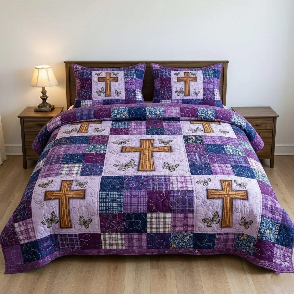 Faithful Sunrise Quilted Bedding Set Holy Cross Patchwork Bedspread Set Christian Bed Decor