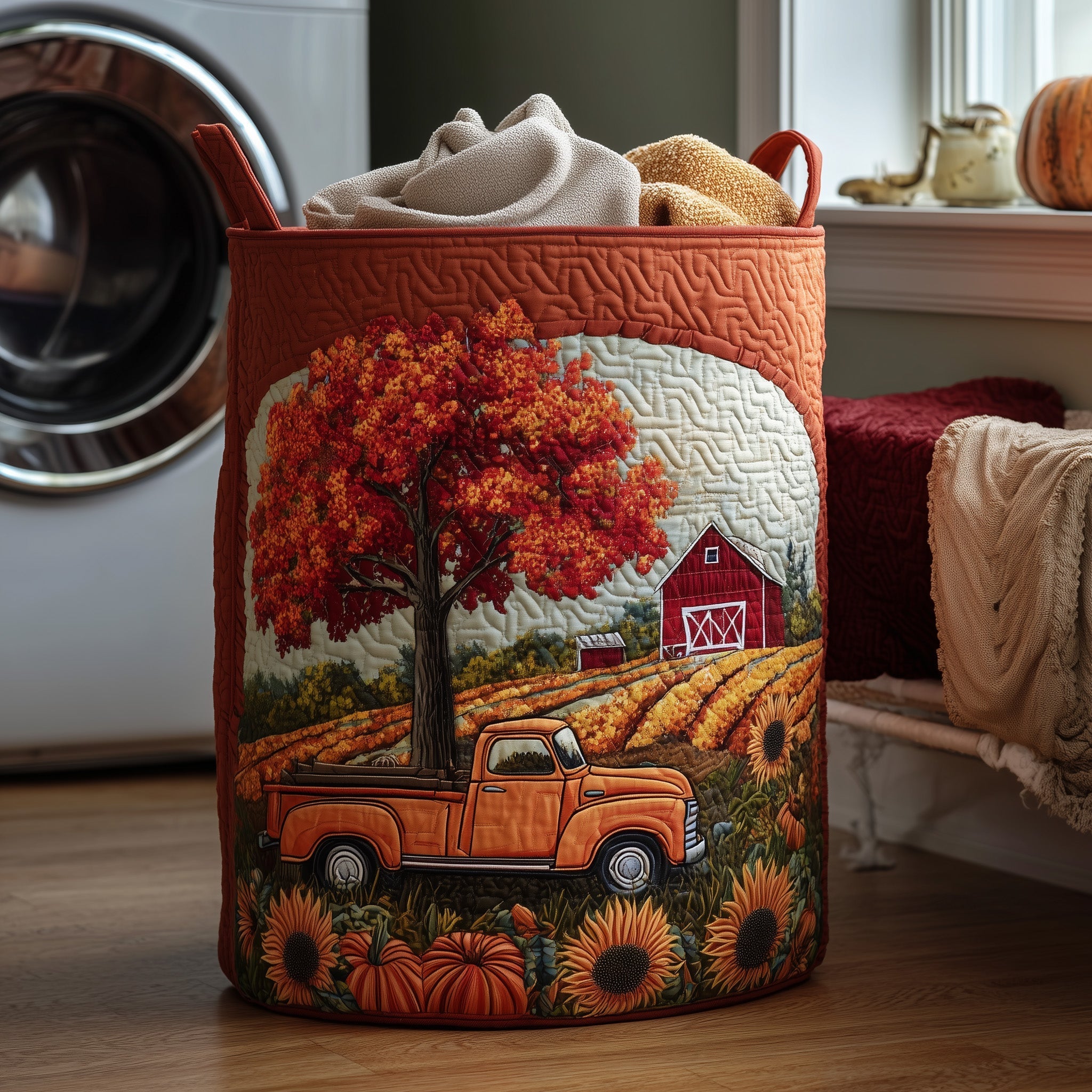 Fall At The Farm Quilted Laundry Basket Autumn  Clothes Hamper Best Gifts For Mom