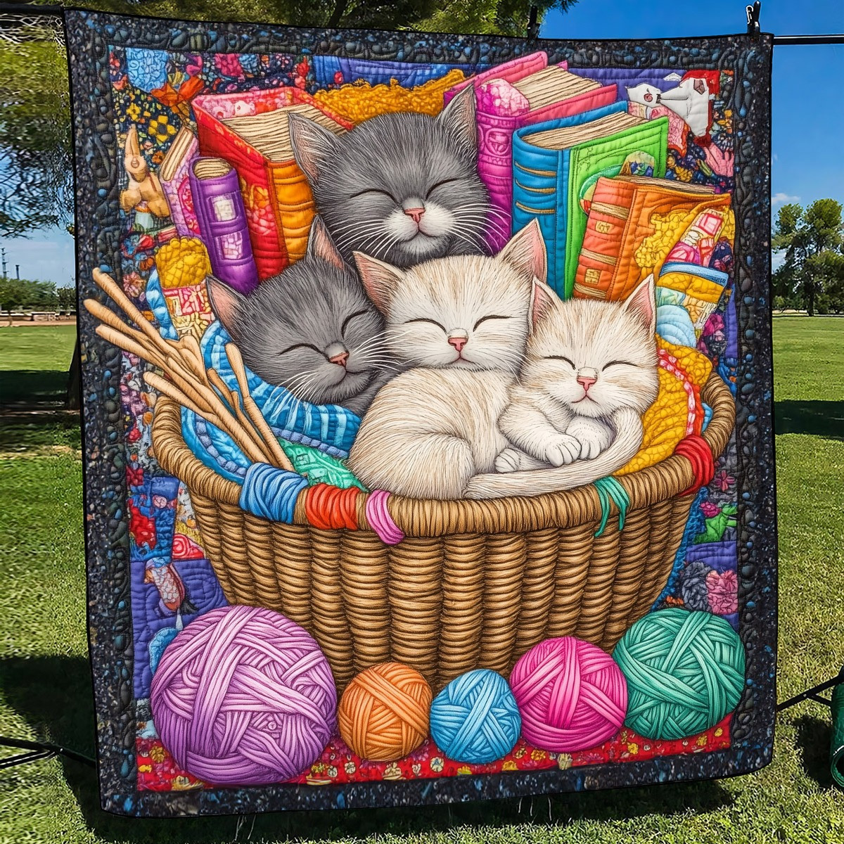 Feline Nap Time Quilted Blanket Knitting Lover Throw Blanket Best Gifts For Cat Lovers