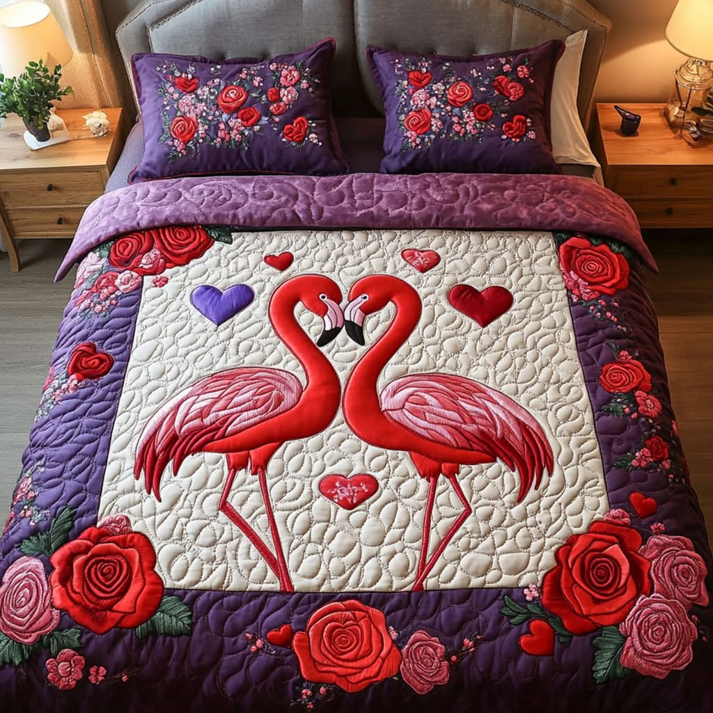 Flamingo Heart Quilted Bedding Set Romantic Duvet Cover Set Valentine's Gifts For Flamingo
