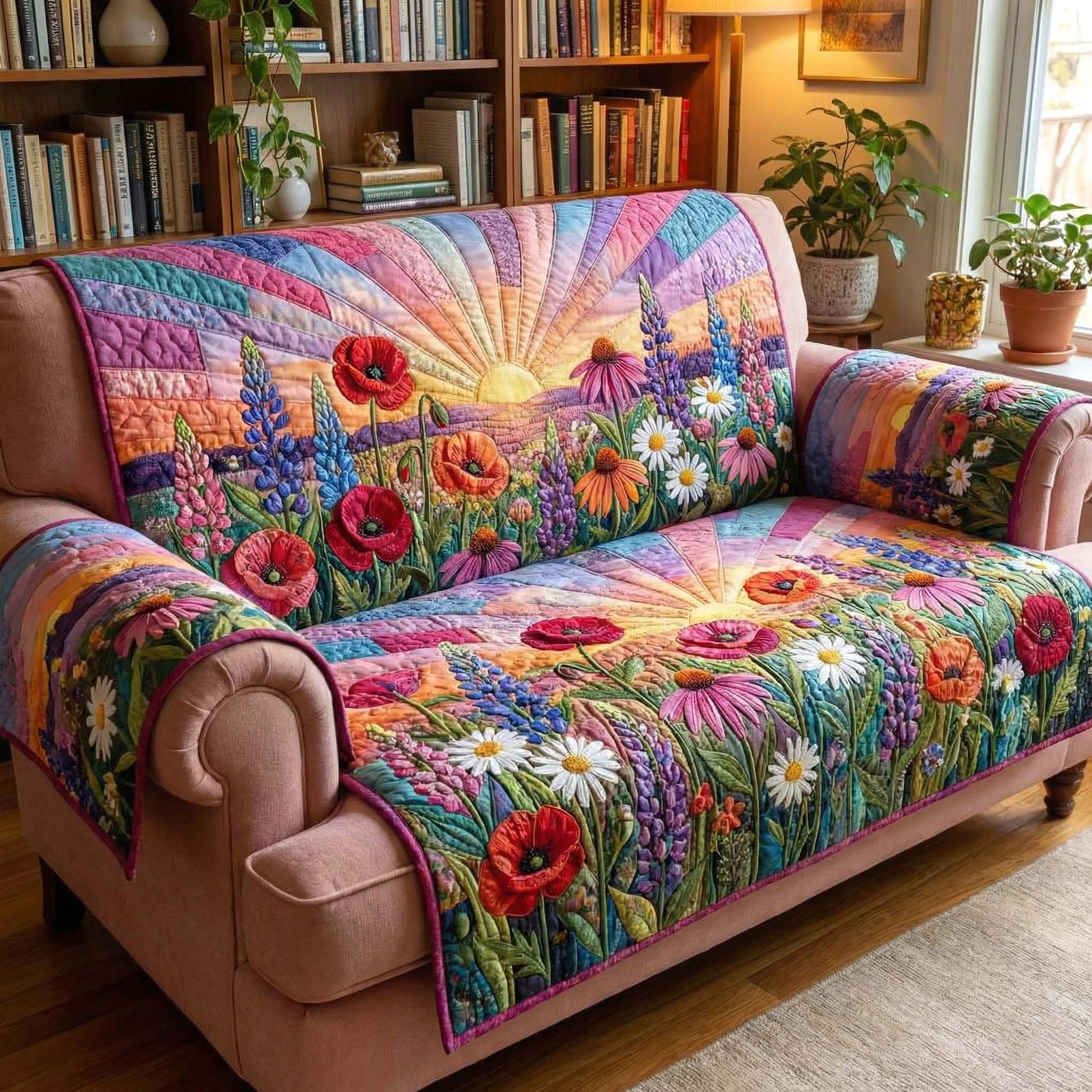 Floral Blooming Meadow Quilted Sofa Cover Colorful Sofa Protector Gifts For Her
