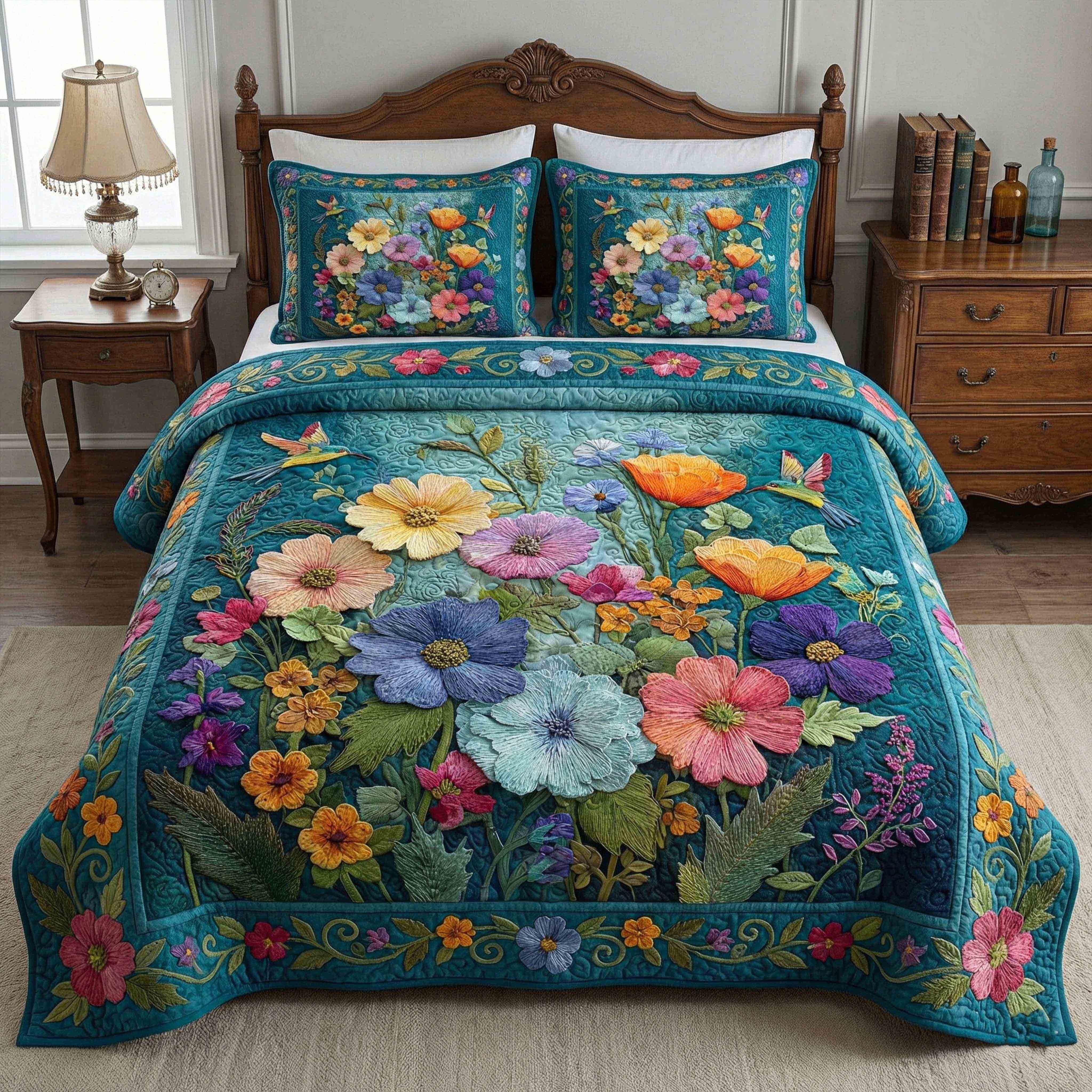 Floral Soft Petal Dream Quilted Bedding Set Colorful Bedroom Decor Best Gifts Ideas