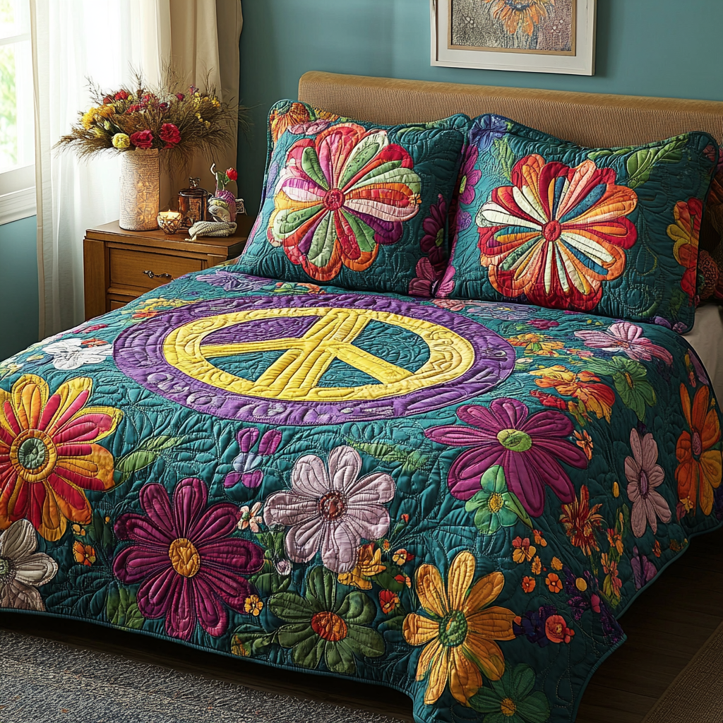 Flower Vibes Quilted Bedding Set Bedspread Set Best Gifts For Hippie Friends