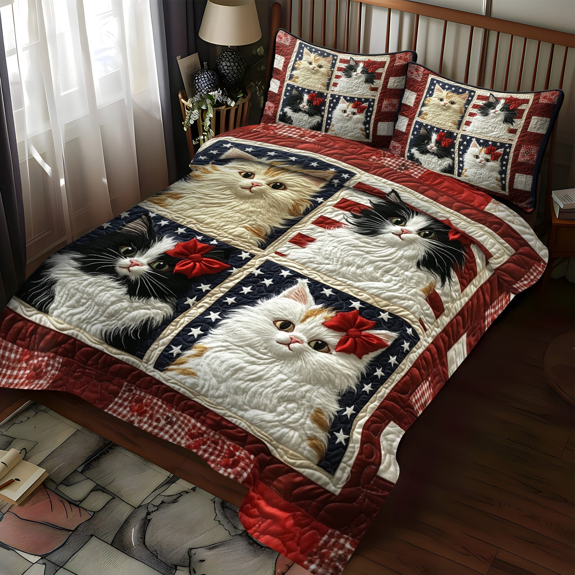 Freedom Meowers Quilted Bedding Set Patriotic Bedroom Ideas Good Cat Gifts
