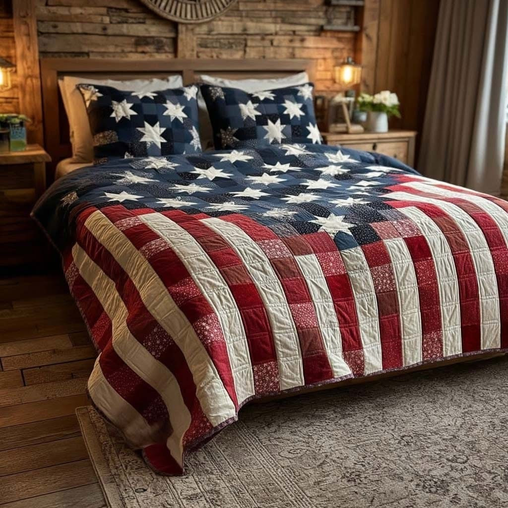 Freedom Star Pattern Quilted Bedding Set Patriotic Bedroom Decor 4th Of July Gifts