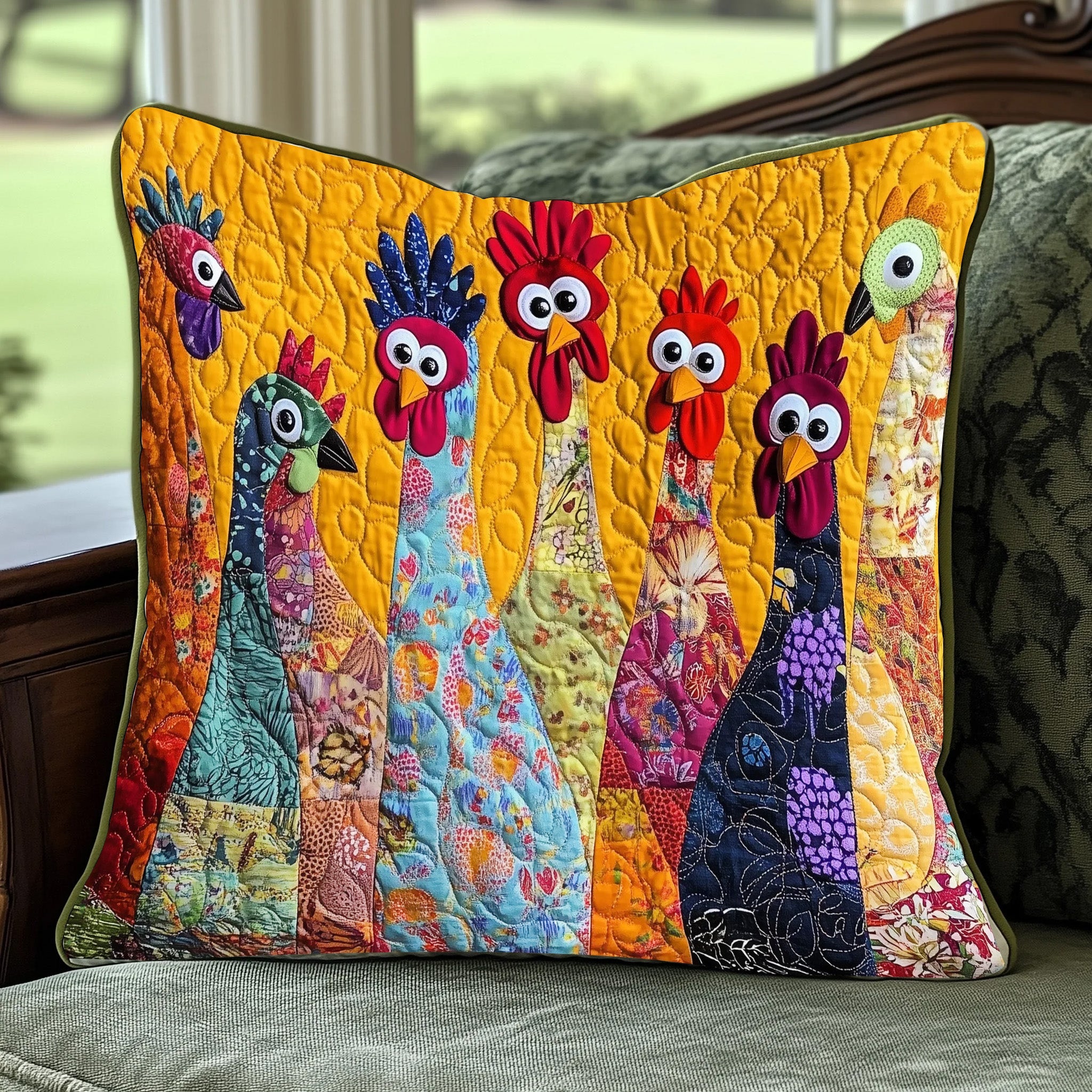 Funky Chicken Quilted Pillow Case Square Pillow Cushion CoverRooster Chicken Gifts For Humans