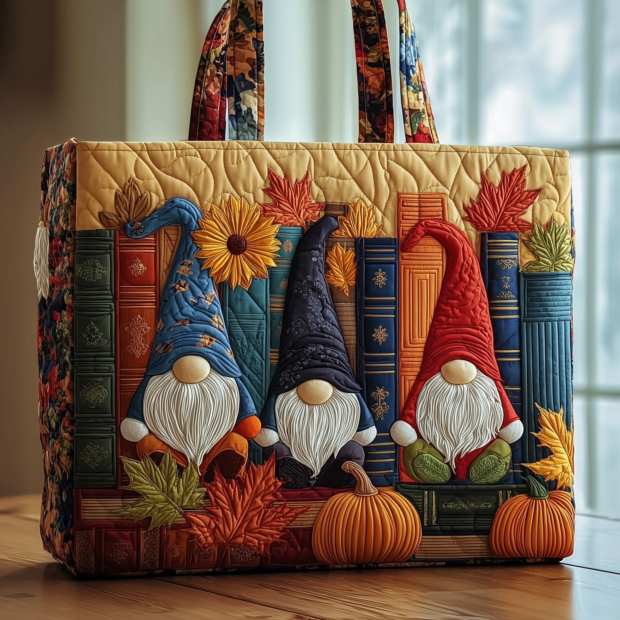 Gnome Library Quilted Tote Bag Autumn Themed Shoulder Bag For Women Gifts For Girlfriend