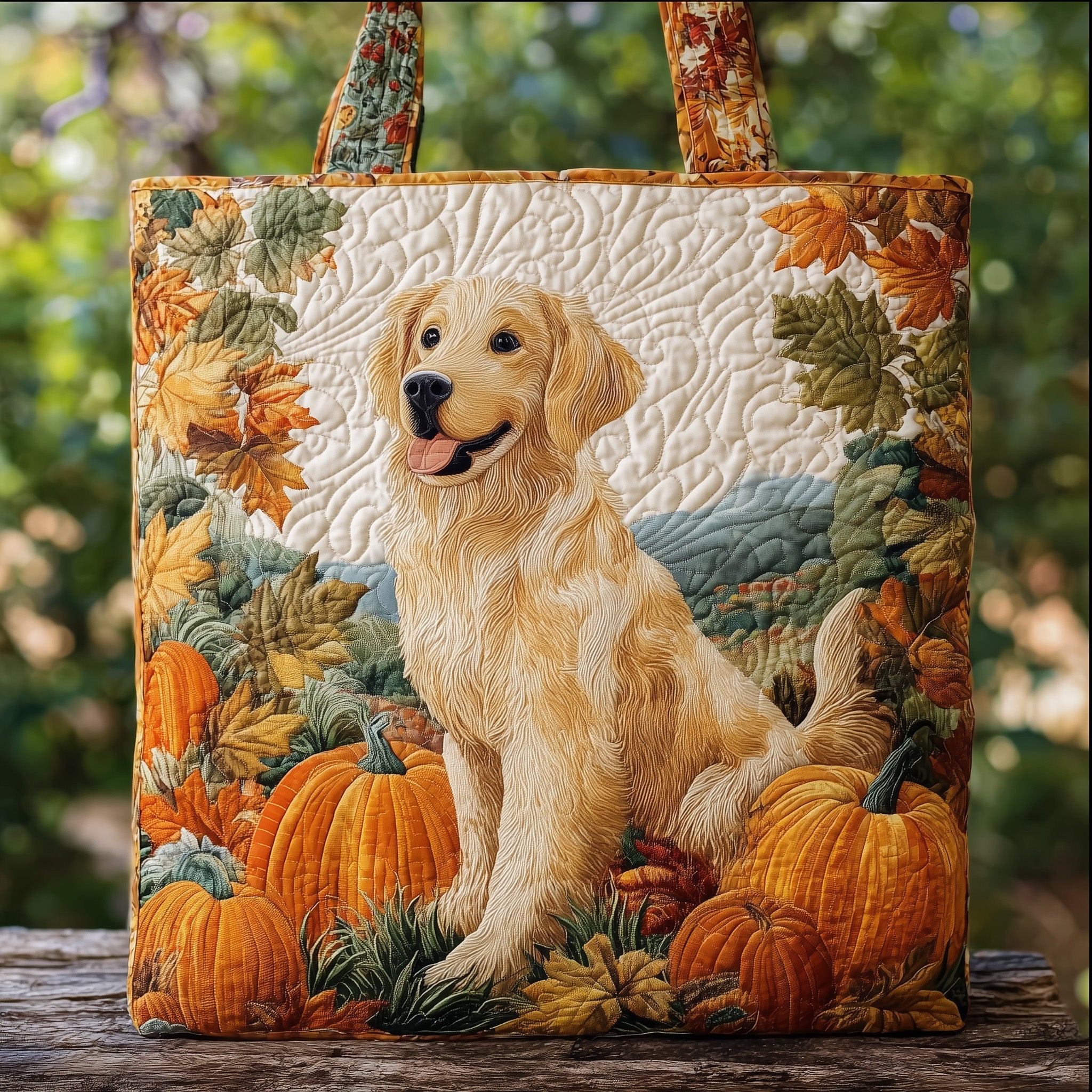 Golden Buddy Quilted Tote Bag Autumn Theme Shoulder Bag For Women Gifts For Dog Lovers