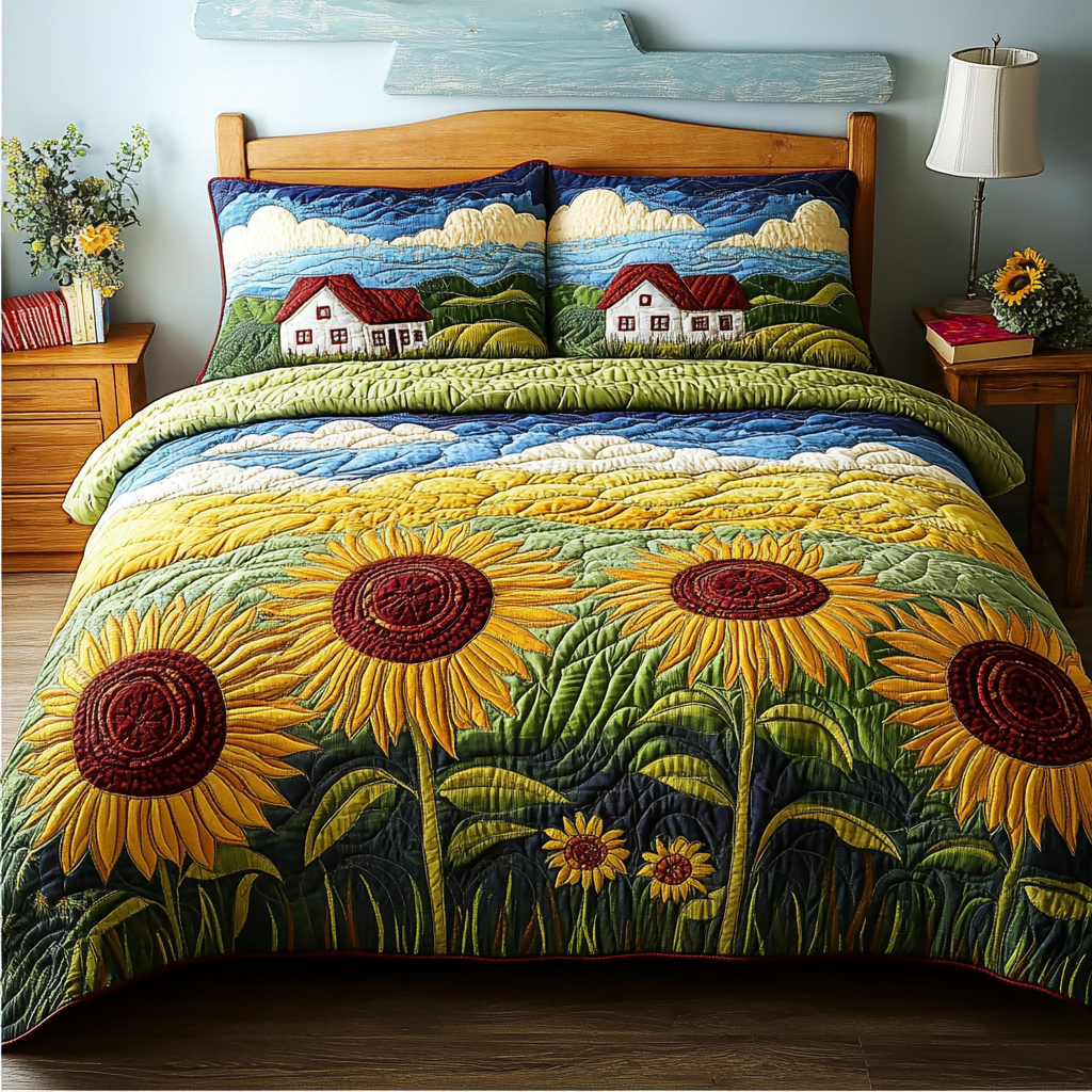 Golden Field Quilted Bedding Set Cute Bedroom Decor Sunflower Gifts For Women