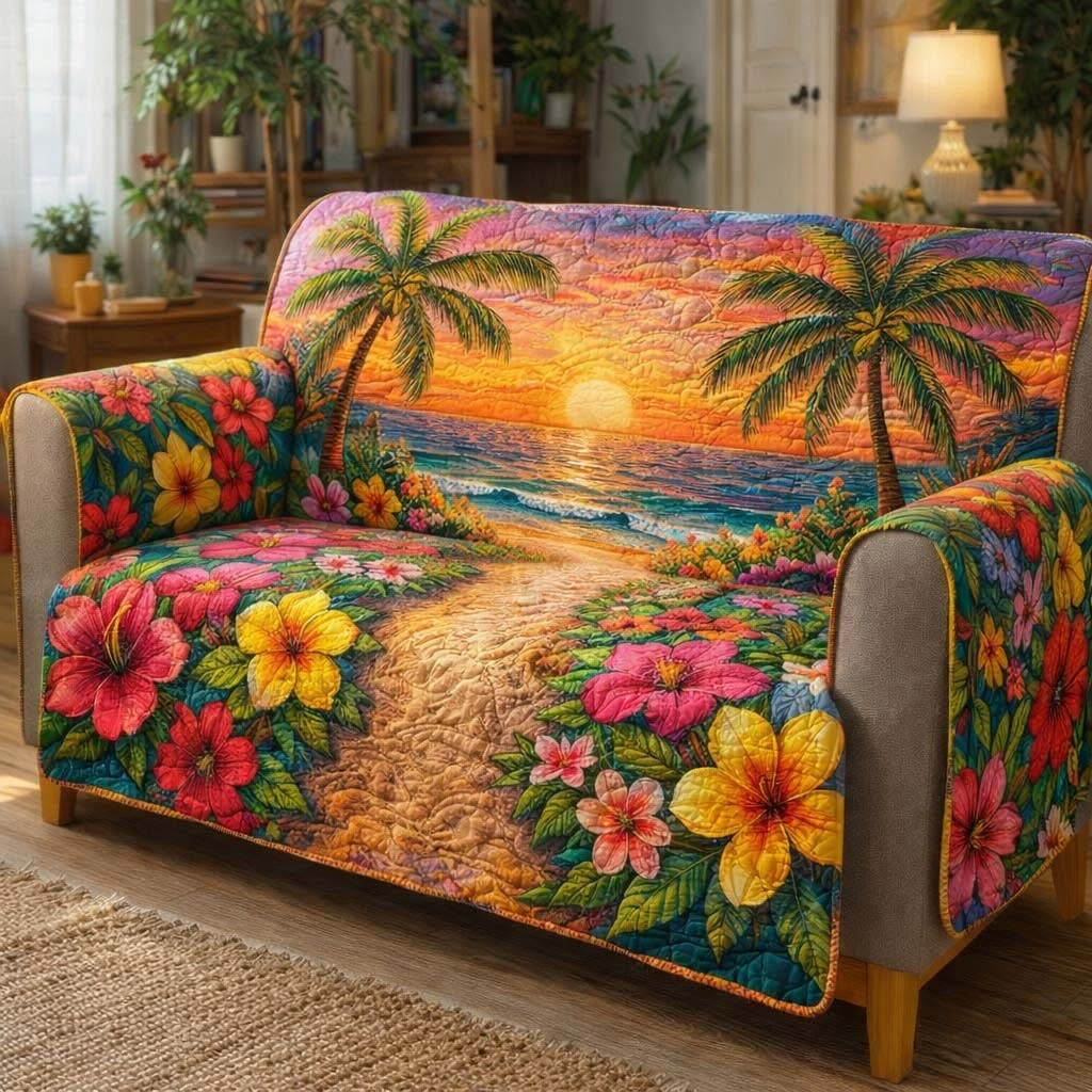 Golden Island Escape Quilted Sofa Cover Floral Tropical Themed Couch Covers Home Decor Gifts