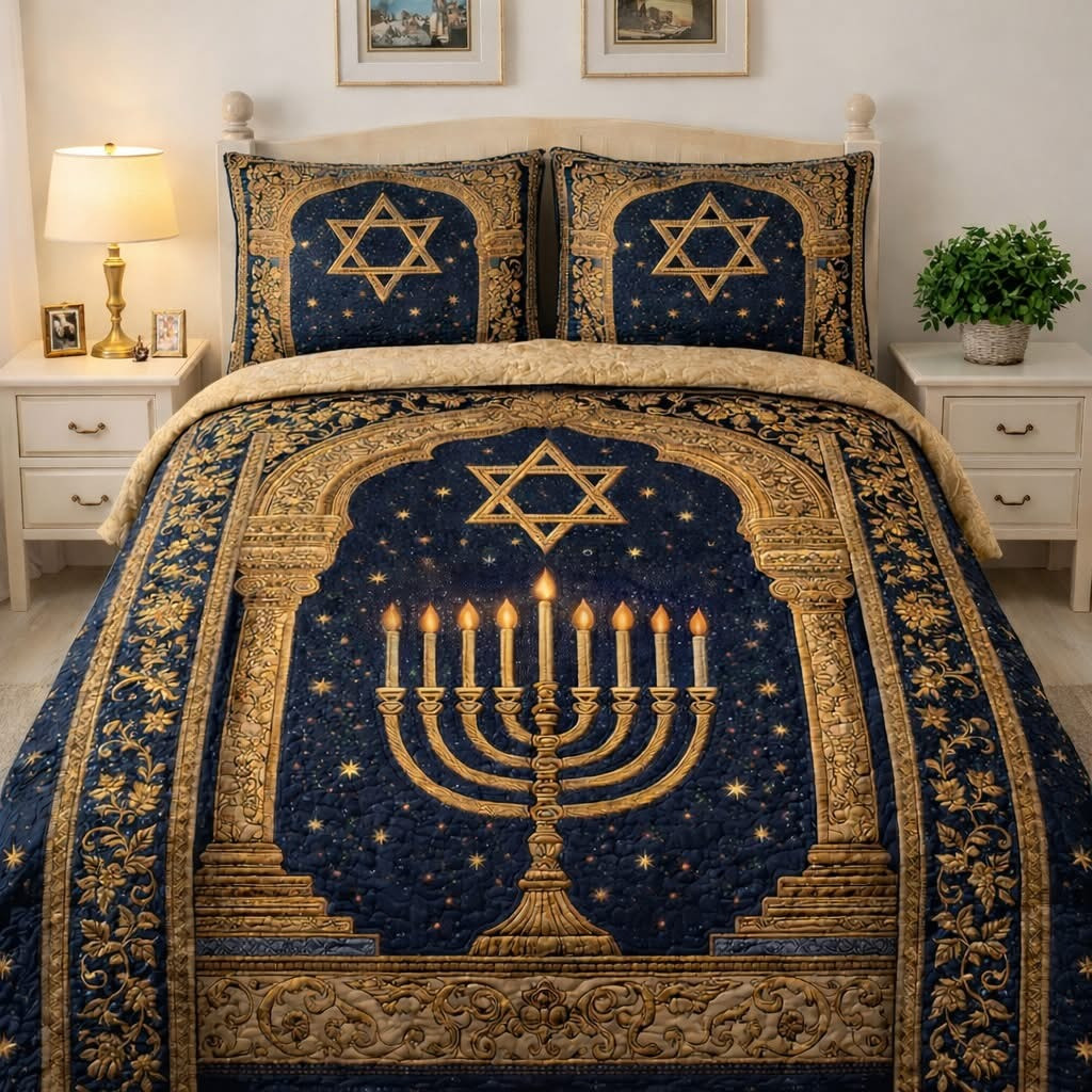 Golden Menorah Night Quilted Bedding Set Happy Hanukkah Duvet Cover Set Gifts For Jewish