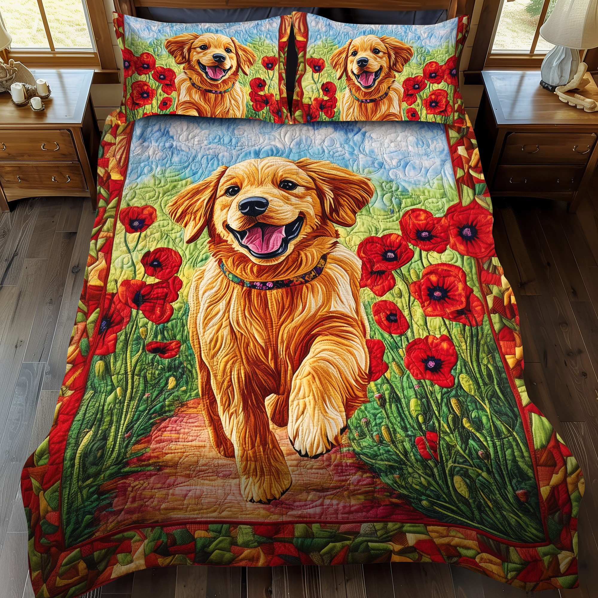 Golden Retriever In Poppy Field Bedding Set Joyful Dog Bed Sheet Set Best Gifts For Dog Mom