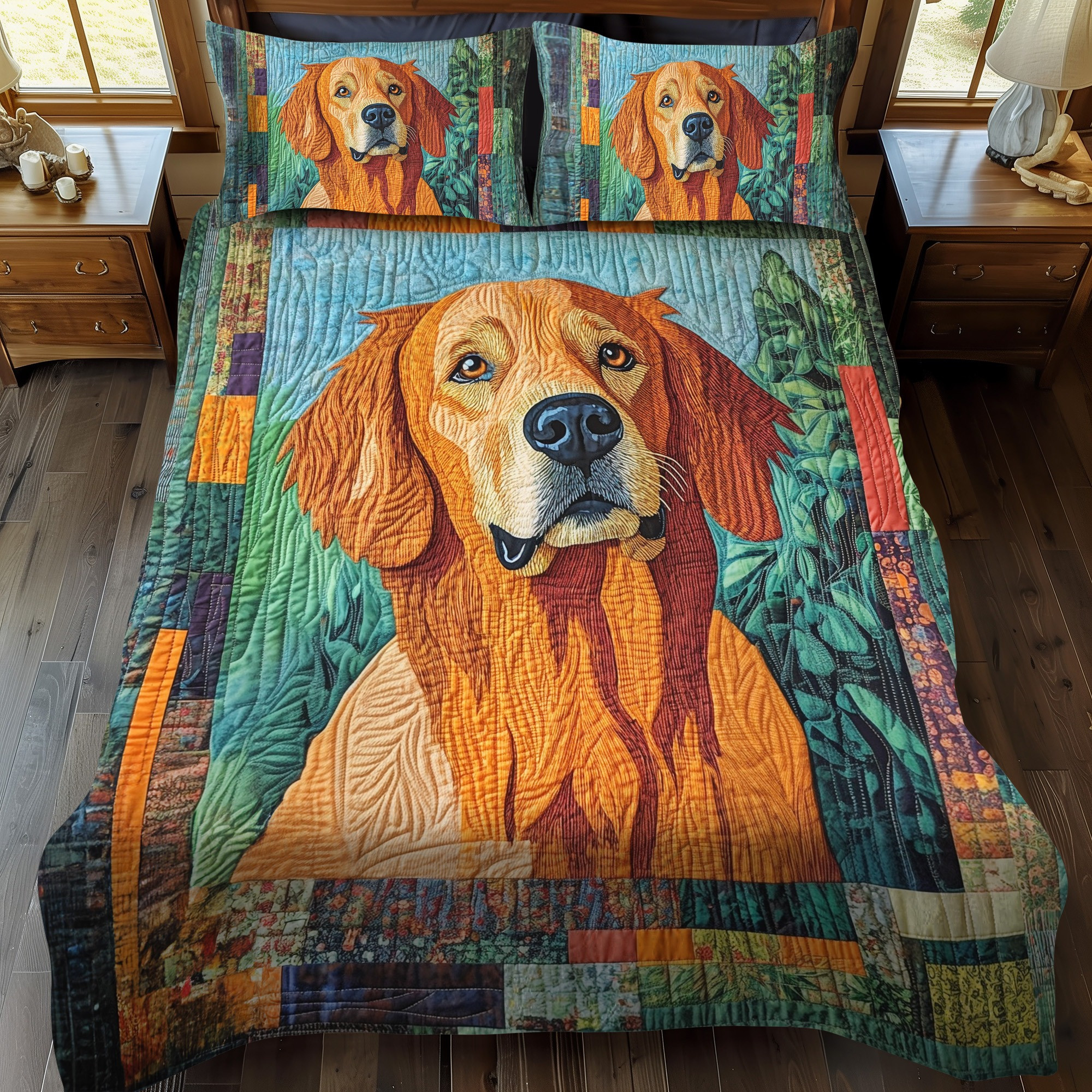 Golden Retriever In The Garden Quilted Bedding Set Bedroom Decor Golden Retriever Items Gifts