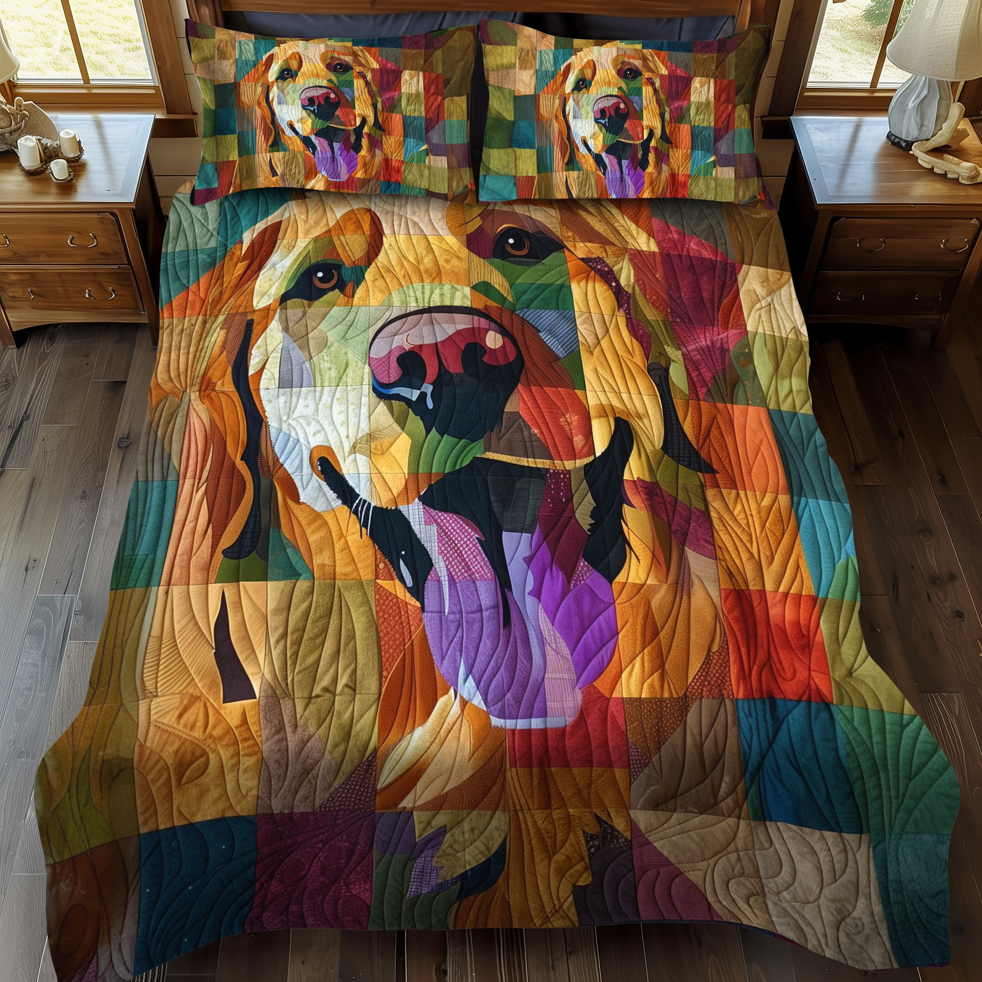 Golden Retriever Mosaic Quilted Bedding Set Geometric Dog Portrait Bedsheet Set Home Decor