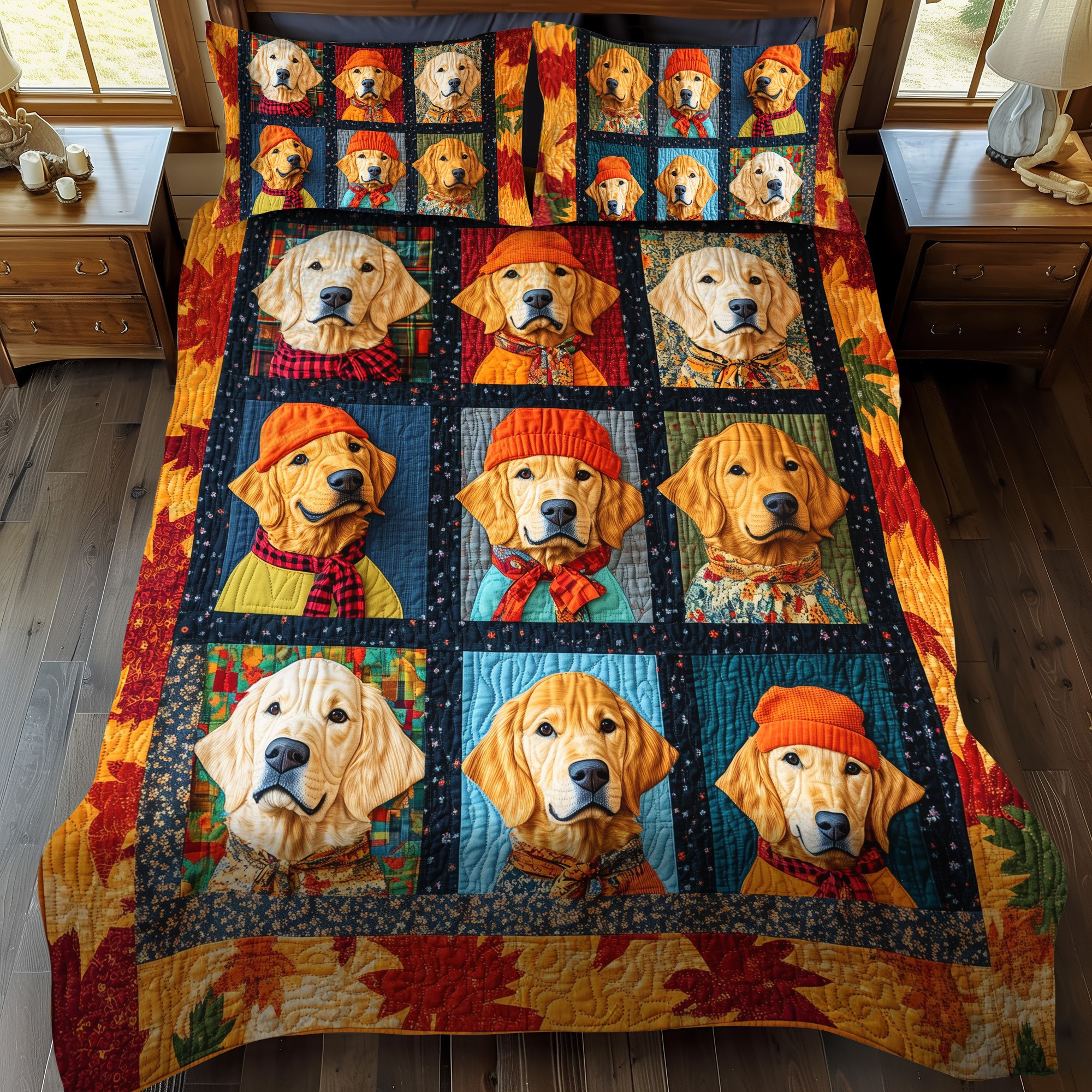 Golden Retriever Patchwork Quilted Bedding Set Autumn Vibes Bedspread Set Bedroom Decor