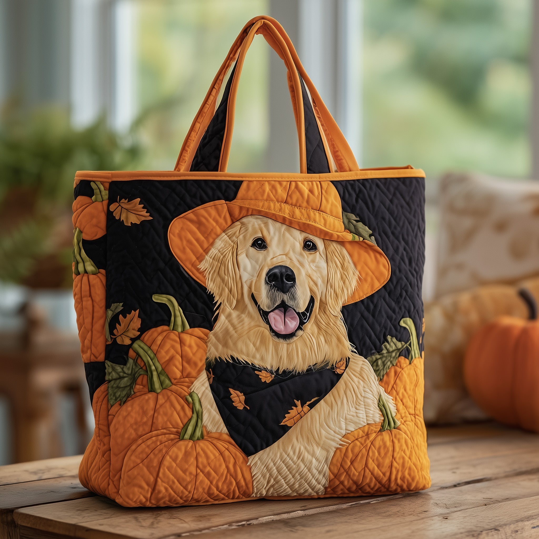 Golden Retriever Quilted Tote Bag Autumn Themed Handbags Gifts For Golden Retriever Lovers
