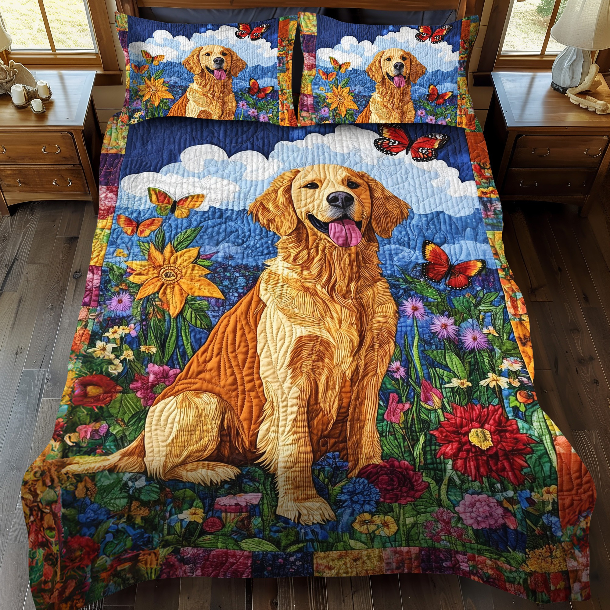 Golden Retriever Tail Wags Quilted Bedding Set Flower Garden Bed Sheet Set Gifts For Dog Mom