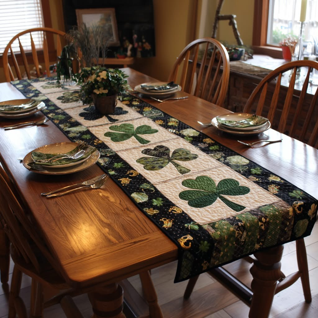 Golden Shamrock Quilted Table Runner Irish Dining Room Decor Ideas Cool St Patricks Day Gifts