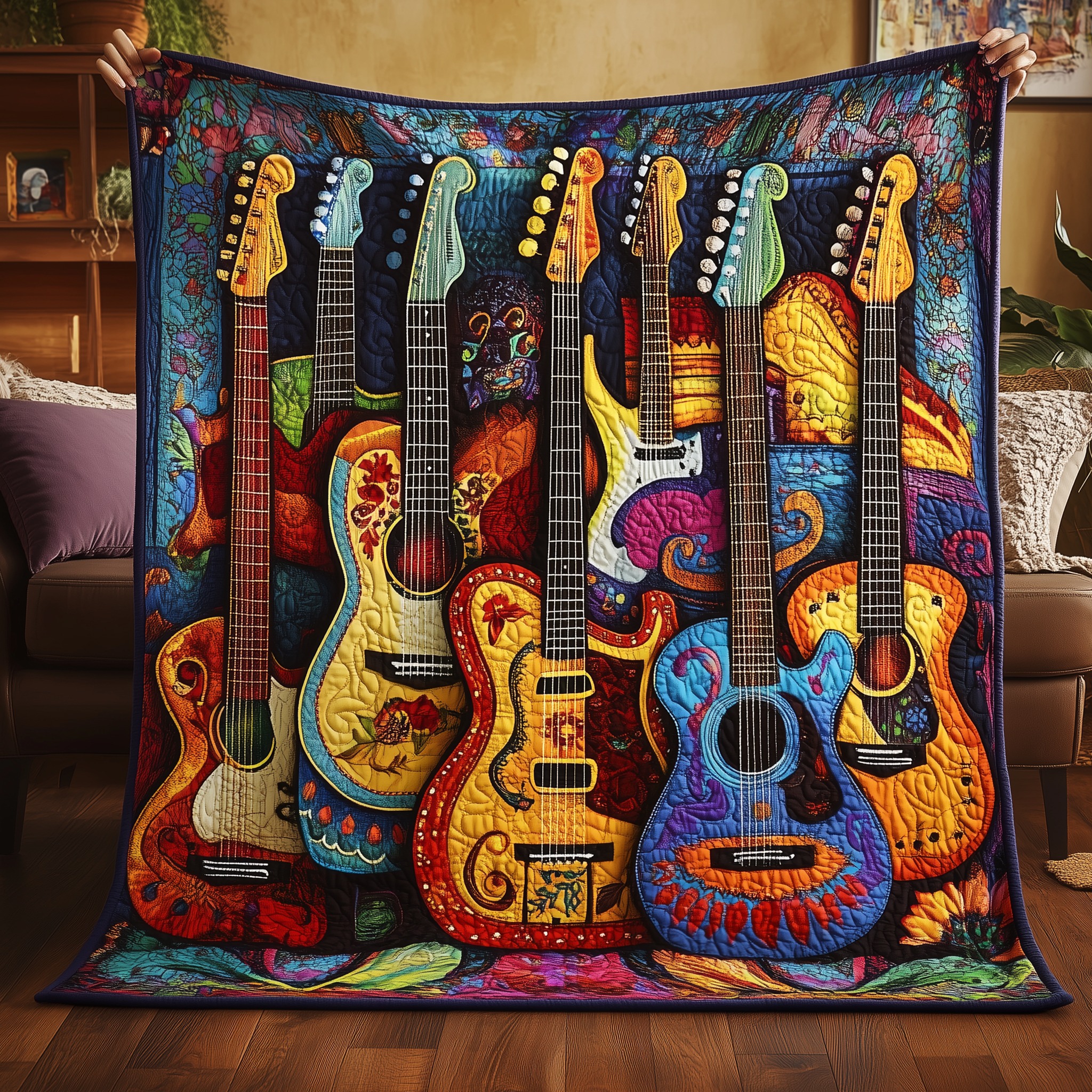 Guitars Quilted Blanket Colorful Musical Instrument Throw Blanket Gifts For Guitar Lovers