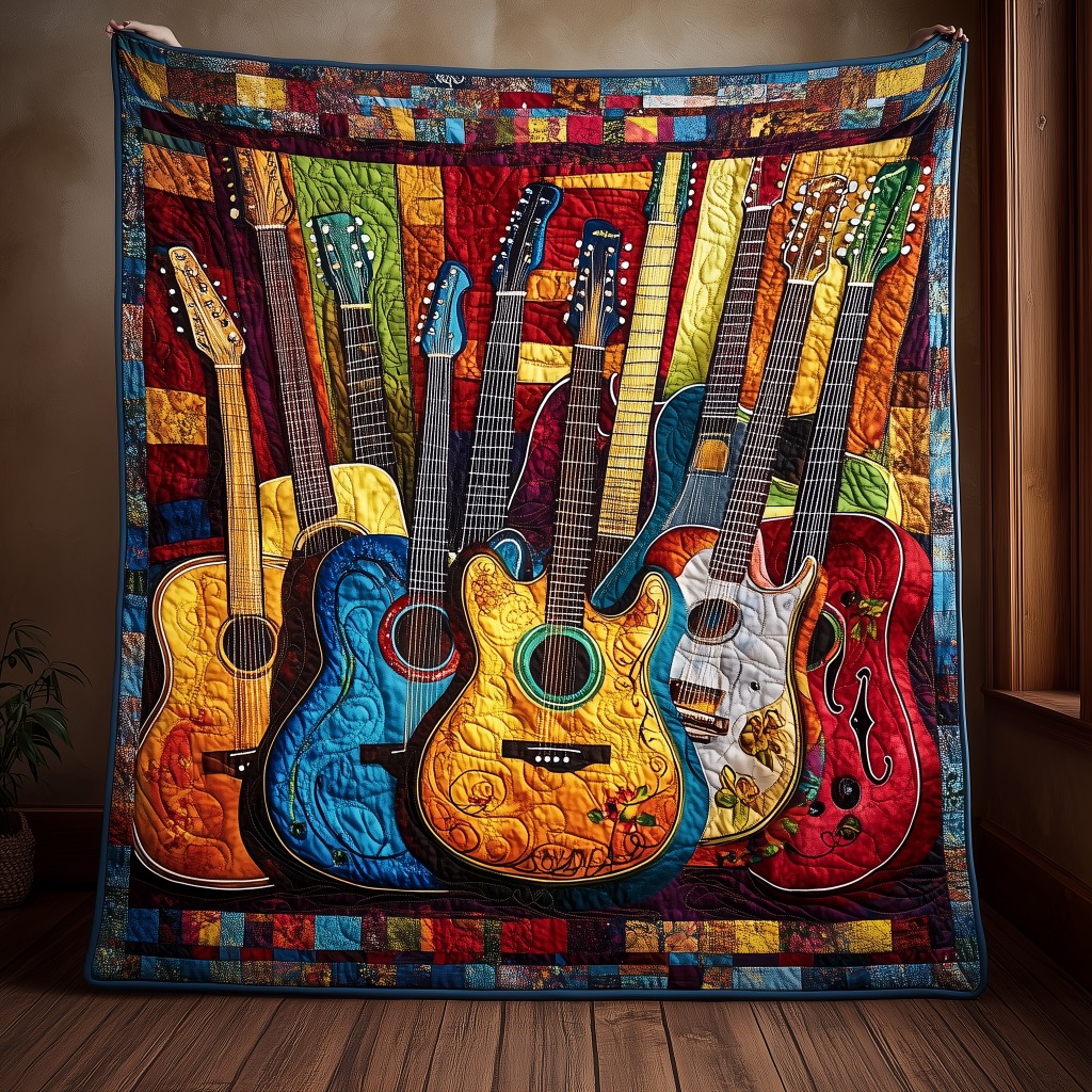 Guitars Quilted Blanket Colorful Musical Throw Blanket Best Gifts For Guitar Lovers