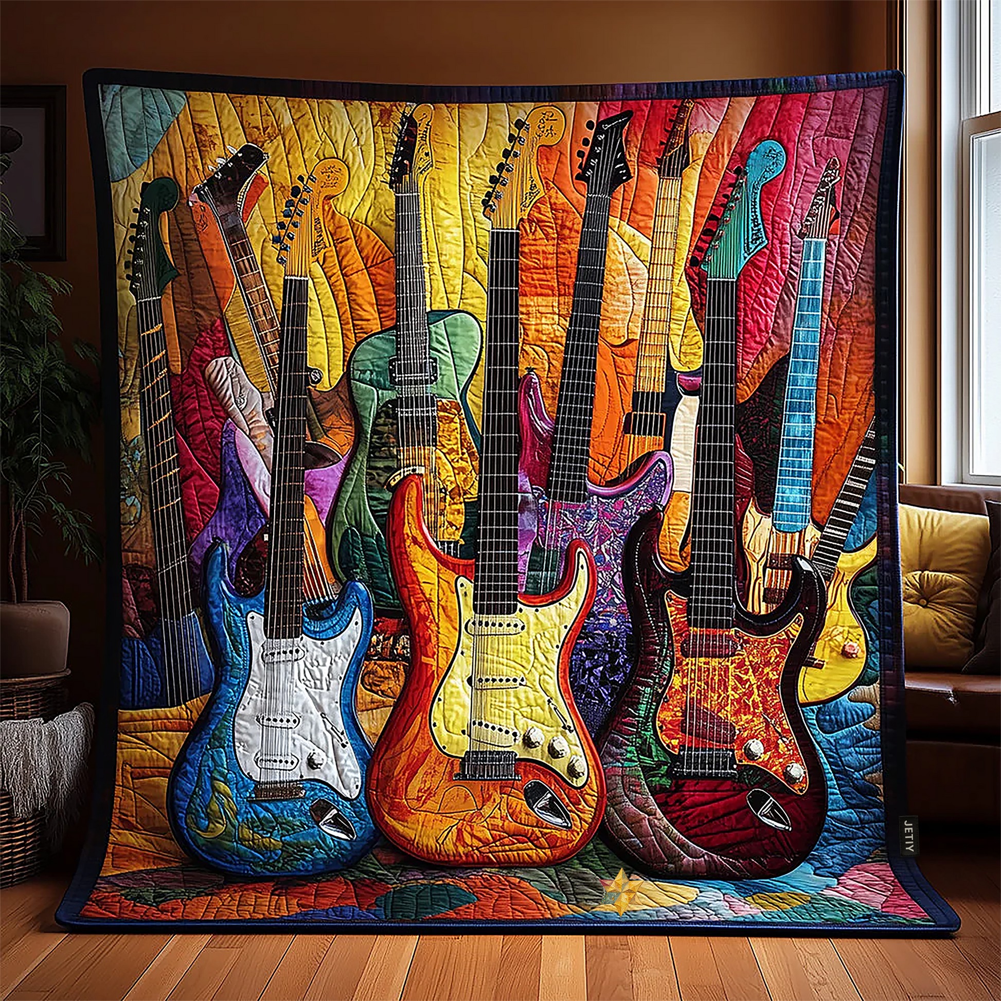Guitars Quilted Blanket Colorful Throw Blanket Best Gifts For Guitar Lovers