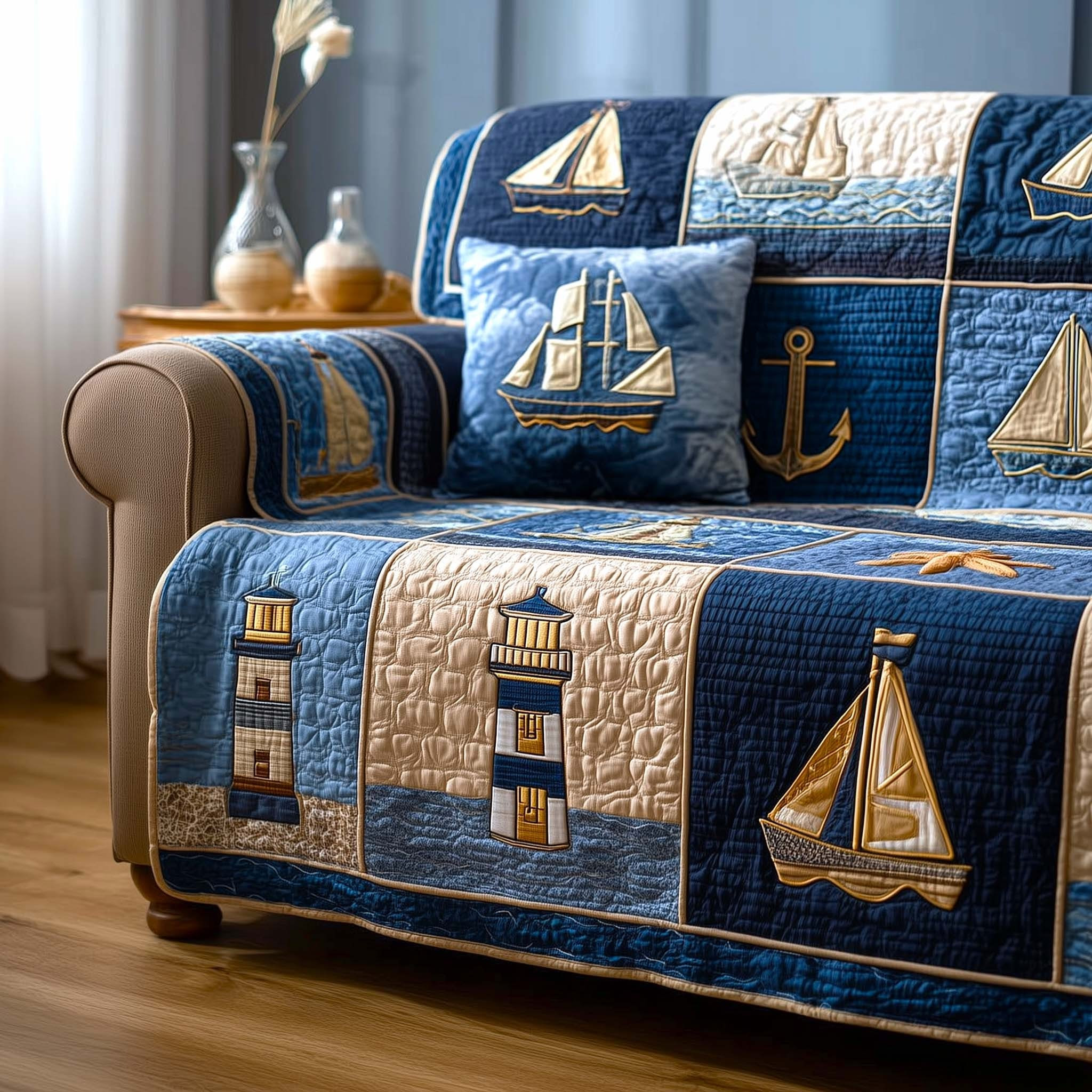 Harbor Light Quilted Sofa Cover Nautical Theme Couch Covers Gift For Marine Lovers