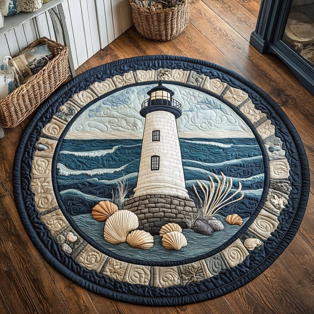 Harbor Ring Quilted Round Mat Ocean Theme Circle Mat Gifts For Lighthouse Lovers