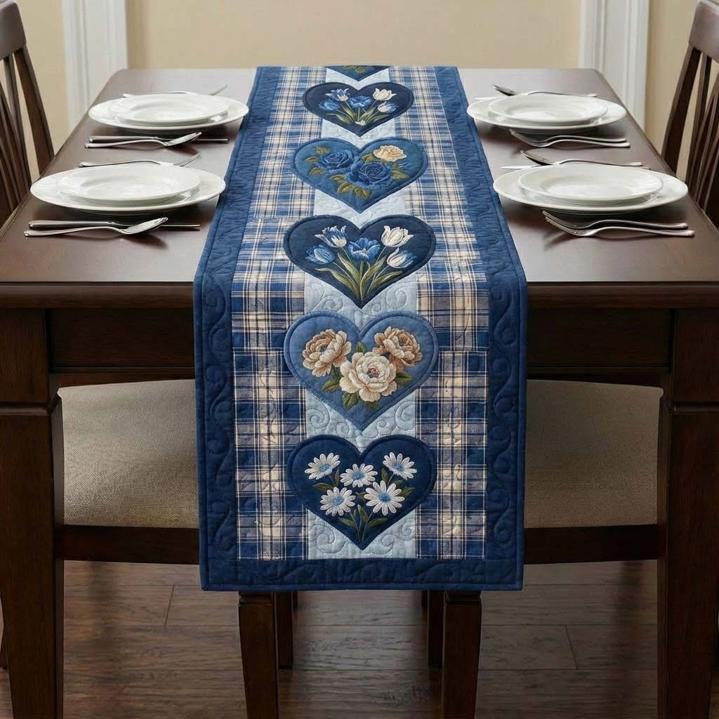 Heart Floral Quilted Table Runner Blue Patchwork Table Runner Valentine Dining Table Decor