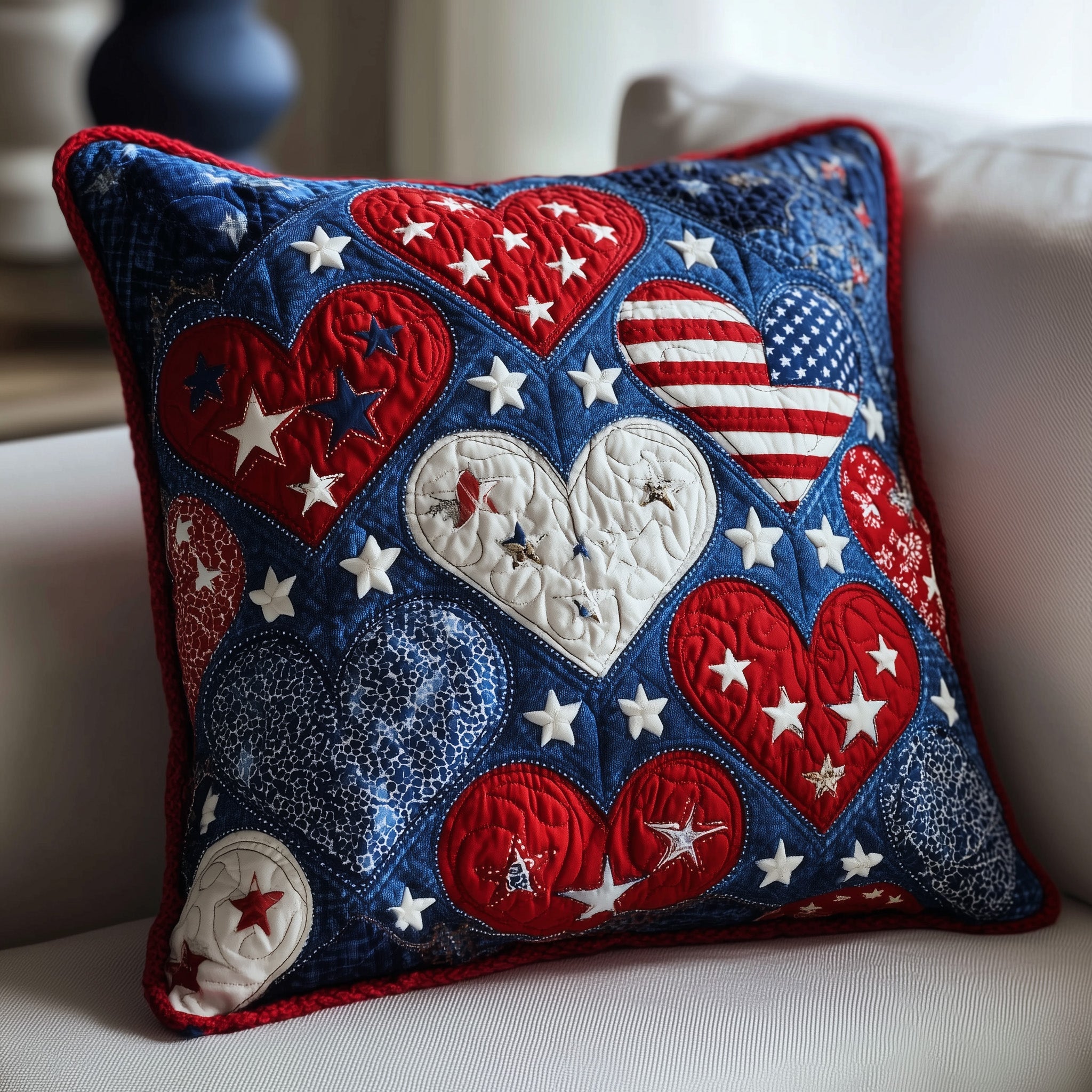 Heart of Freedom Quilted Pillow Case Decorative Pillow Cover MerchPatriotic Gifts For Women