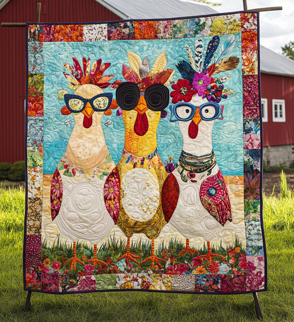 Henhouse Harmony Quilted Blanket Whimsical Colorful Throw Blanket Gifts For Chicken Lovers
