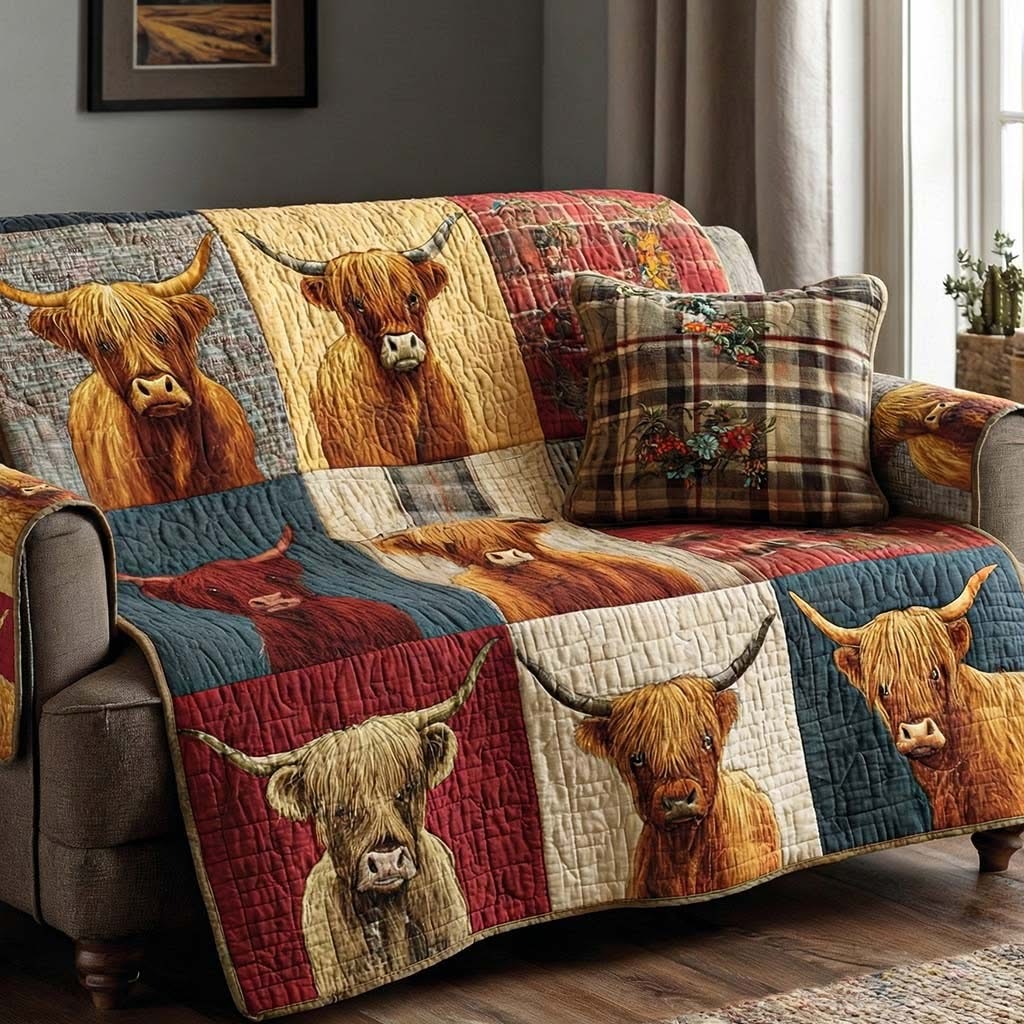 Highland Cow Gentle Countryside Quilted Sofa Cover Best Couch Covers Highland Cow Lover Gifts