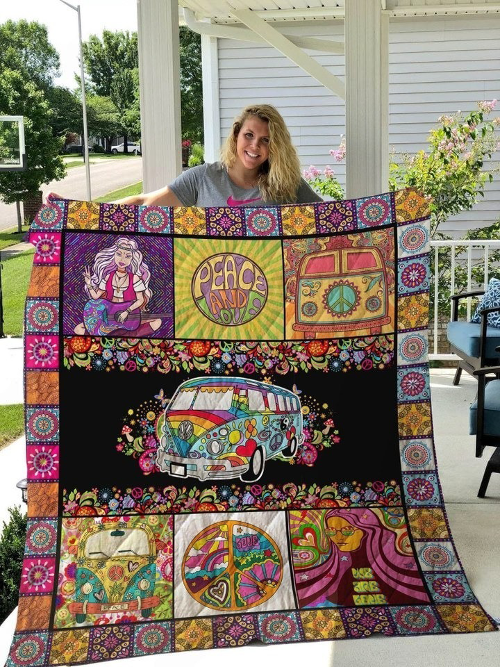 Hippie Bus And Peace Symbol Quilted Blanket Bohemian Throw Blanket Hippie Style Gifts