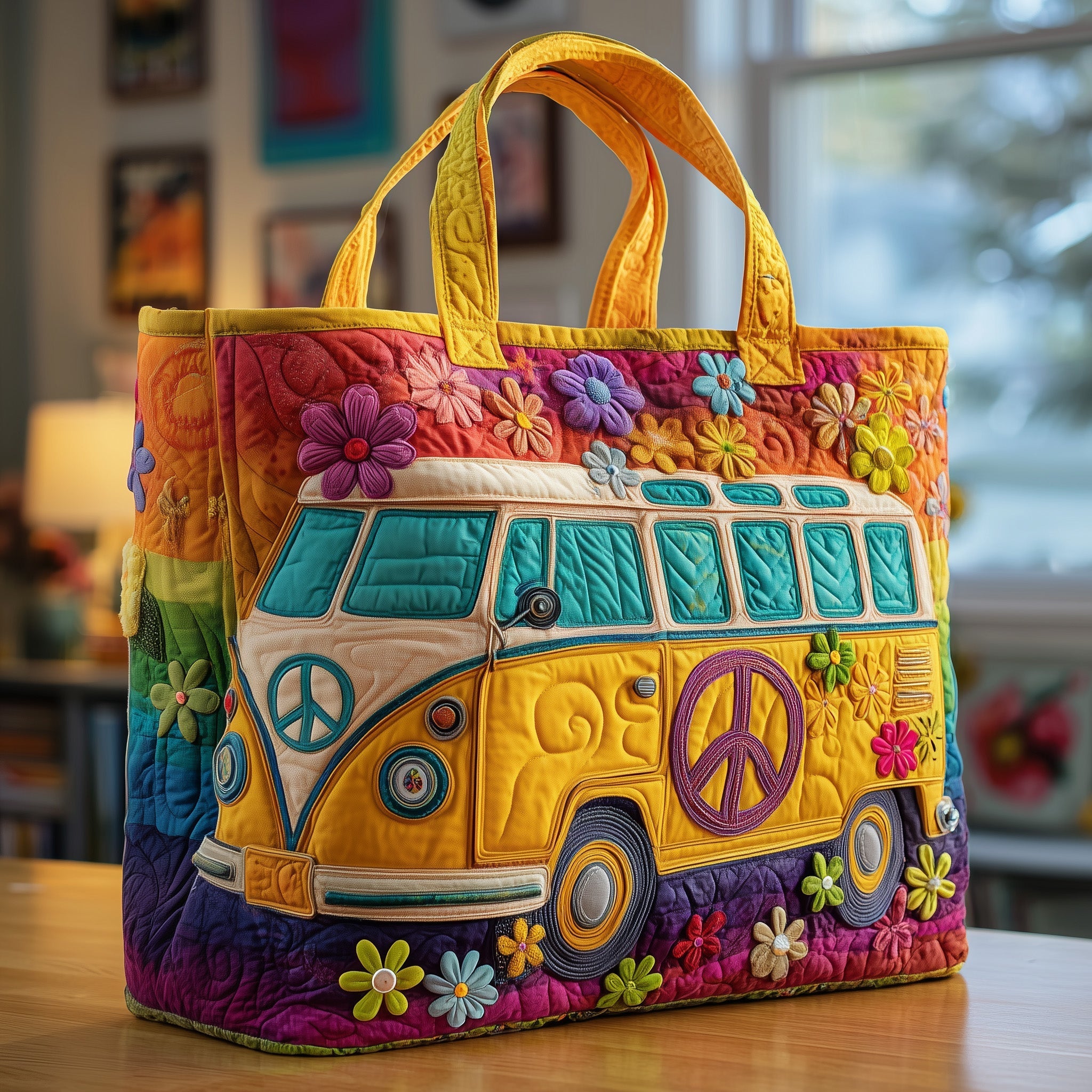 Hippie Van Quilted Tote Bag Colorful Floral Shoulder Bag Birthday Ideas For Her