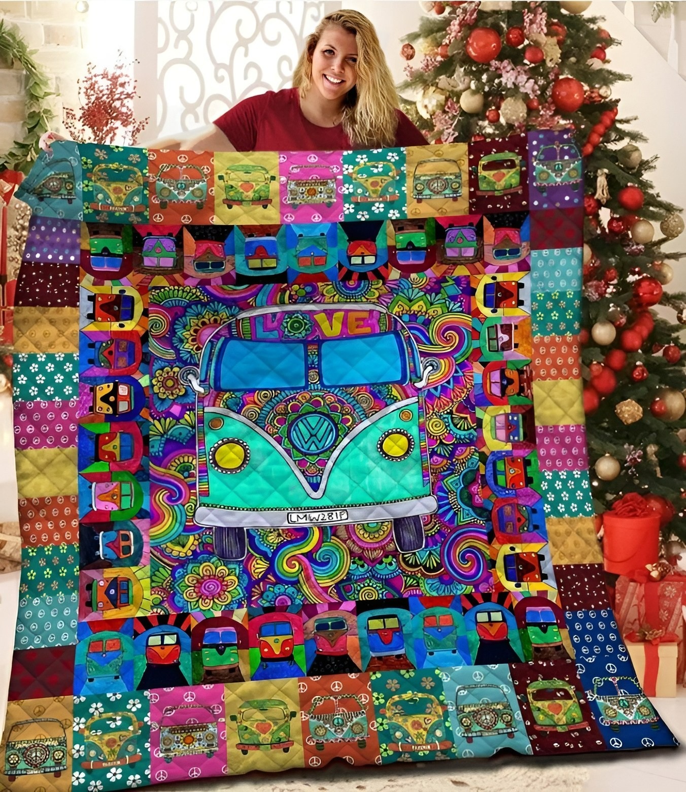 Hippie Vans Quilted Blanket Vibrant Bohemian Throw Blanket Gifts For Hippie Mom