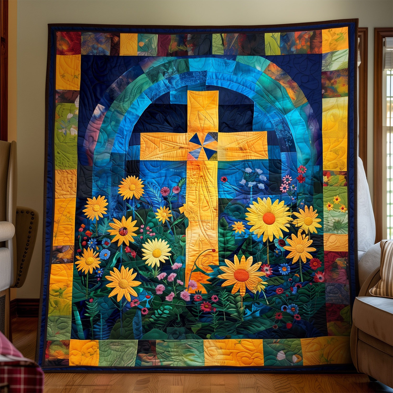 Holy Cross Quilted Blanket Divine Floral Throw Blanket Faith Based Gifts For Her