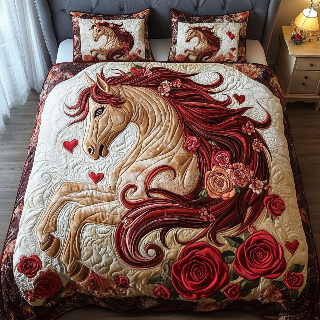 Horse And Rose Quilted Bedding Set Romantic Bedroom Decor Equestrian Lovers Gifts