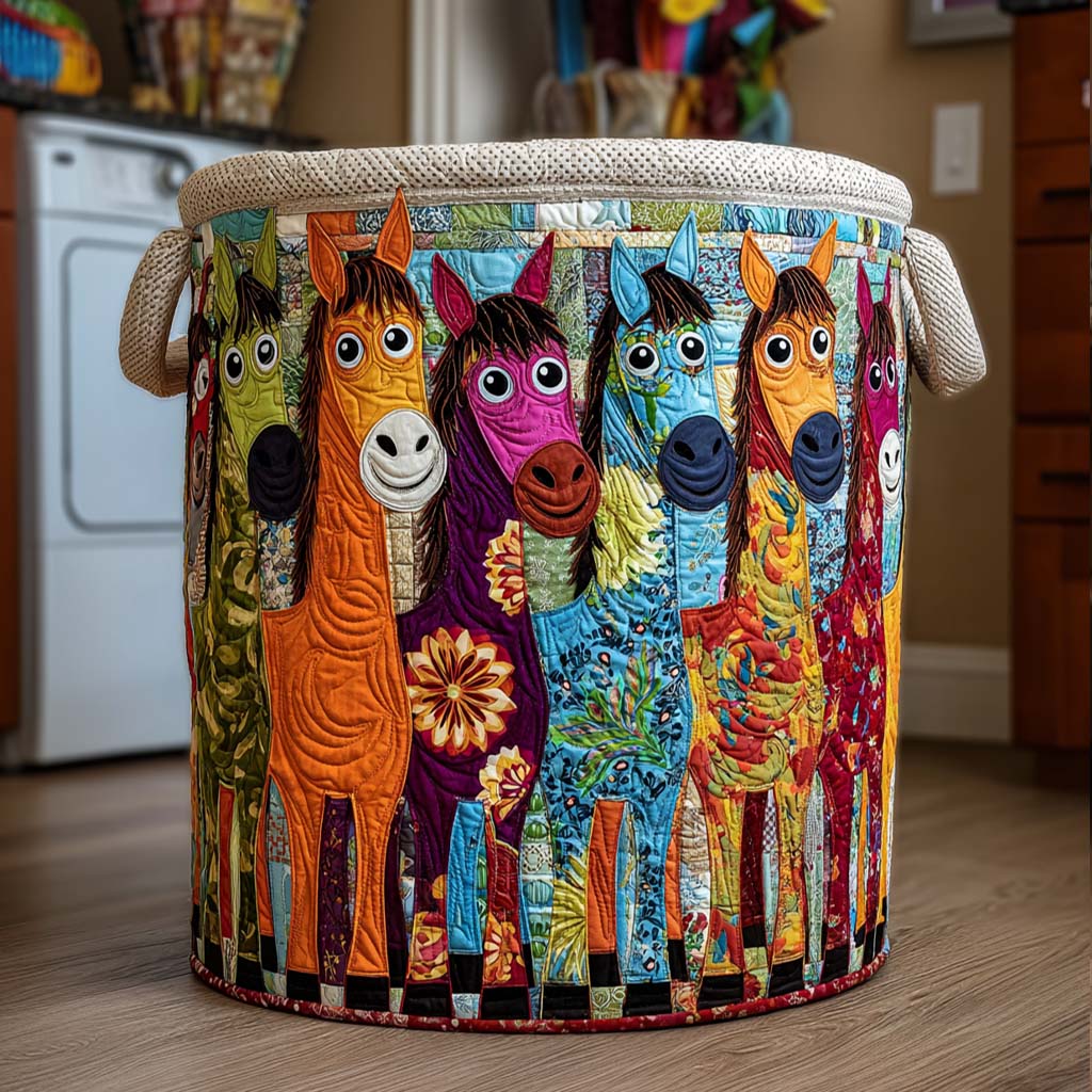 Horse Bright Herd Colorful Quilted Laundry Basket Cute Fabric Storage Bin Hamper Gift Items