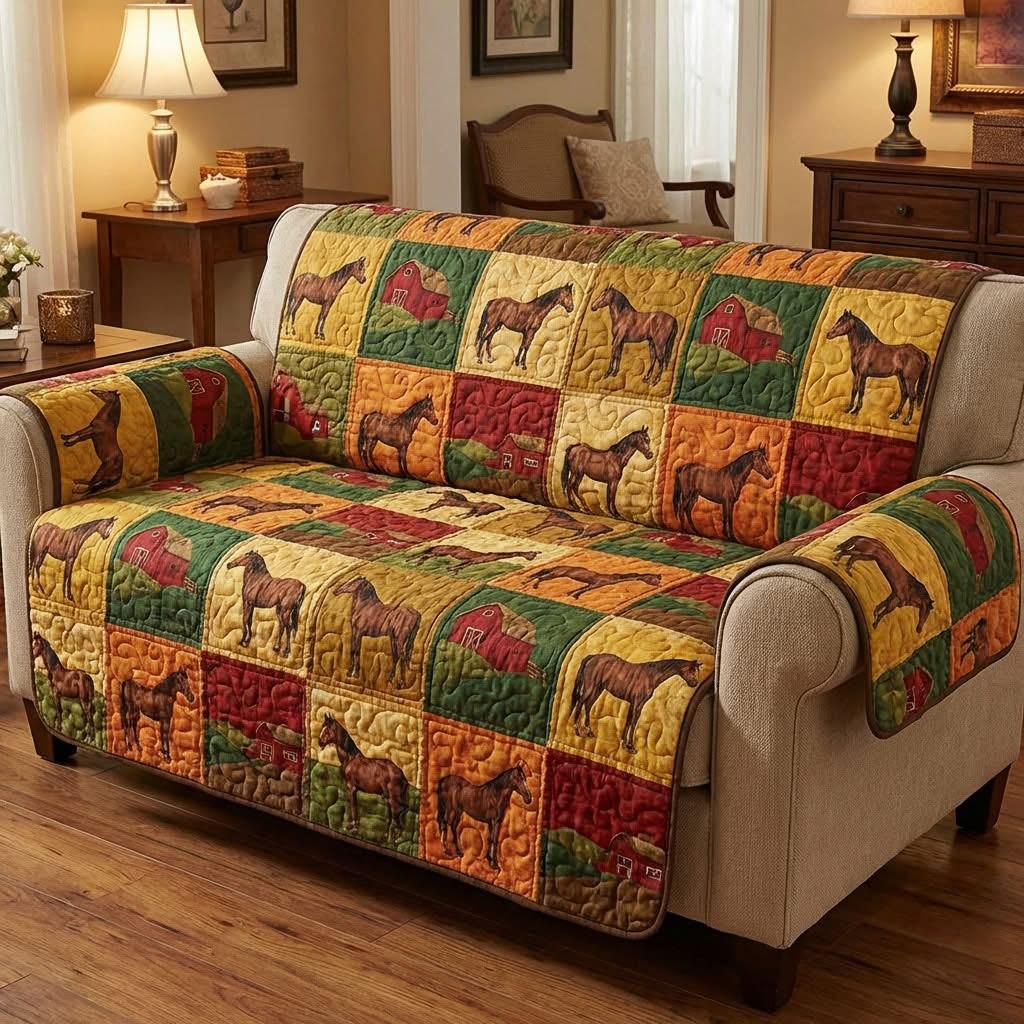 Horse Country Hooves Quilted Sofa Cover Patchwork Sofa Protector Gifts For Farmers