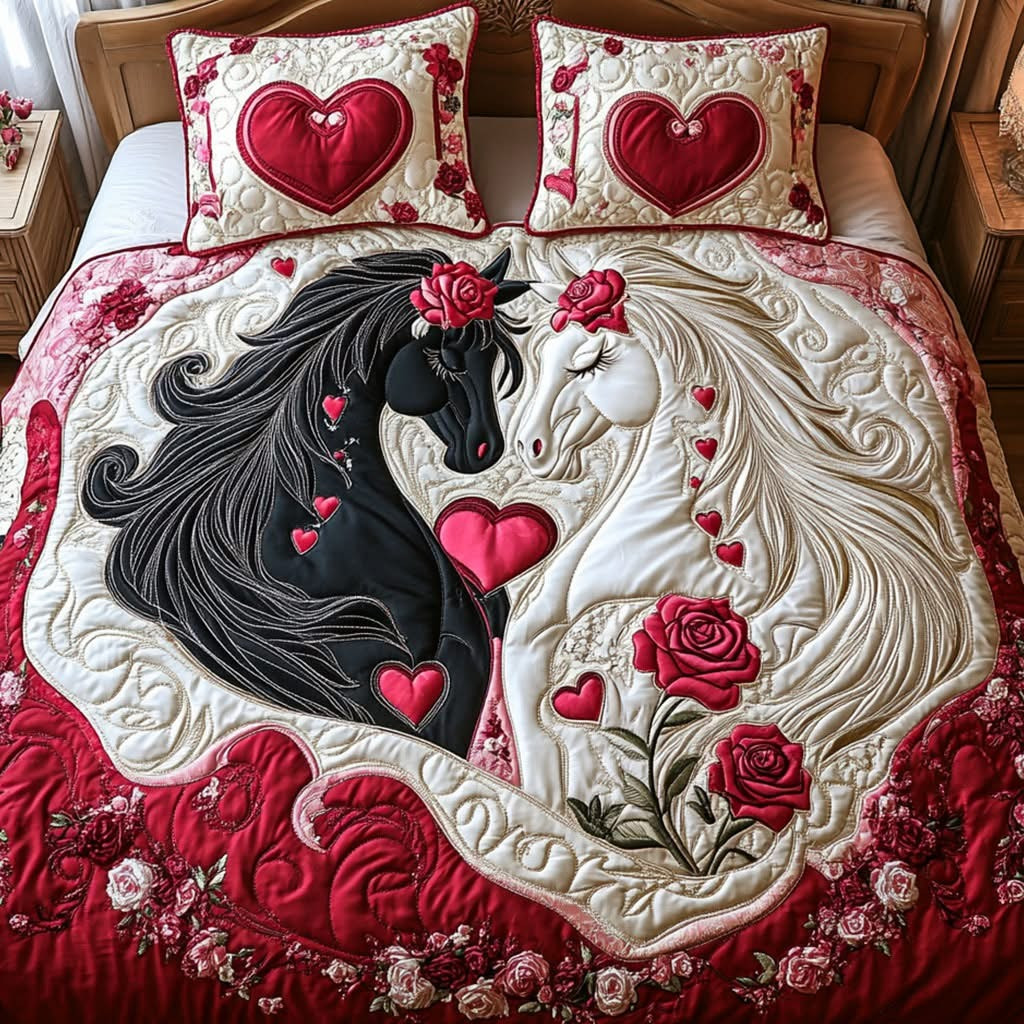Horse Couple Quilted Bedding Set Romantic Bedspread Set Valentine Days Gifts For Horse Lovers