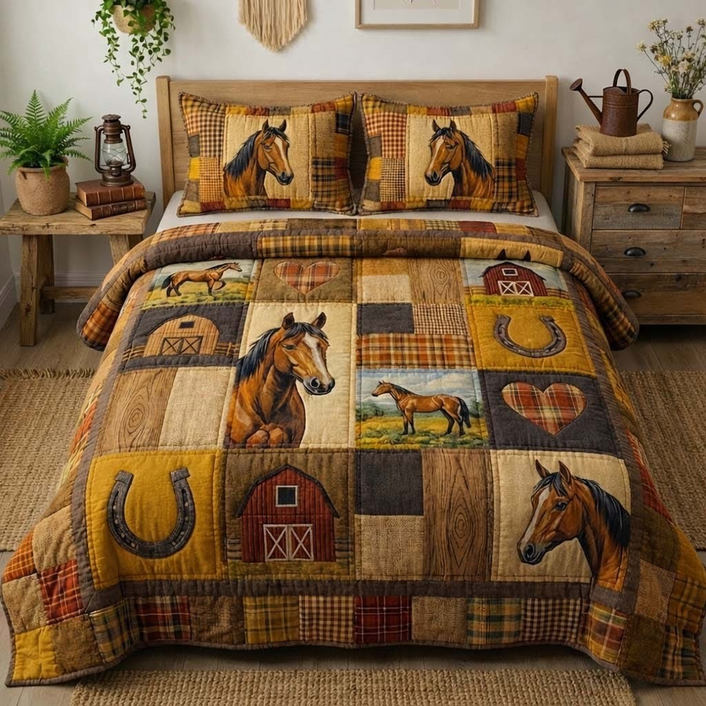 Horse Farm Life Quilted Bedding Set Patchwork Bedspread Set Present For Horse Lovers