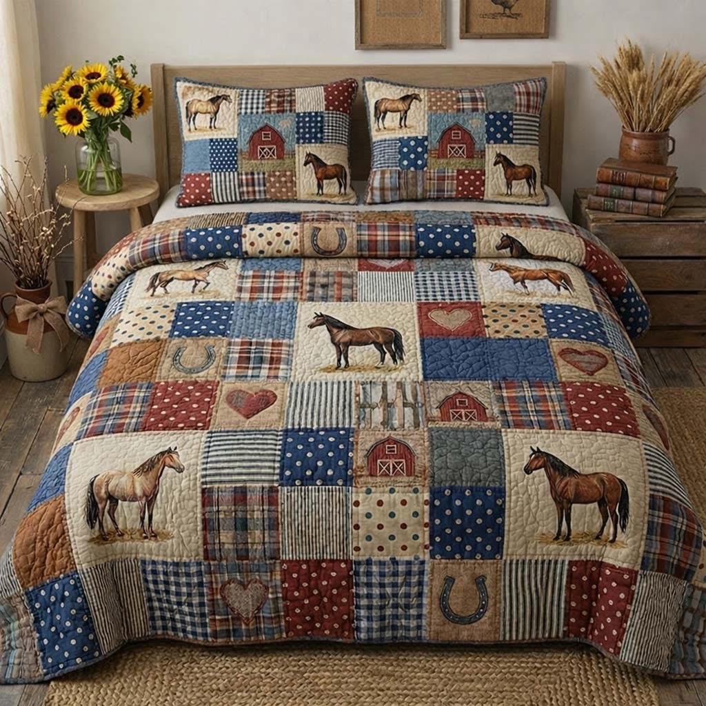 Horse Farm Life Quilted Bedding Set Patchwork Duvet Cover Set Unique Gifts For Farmers