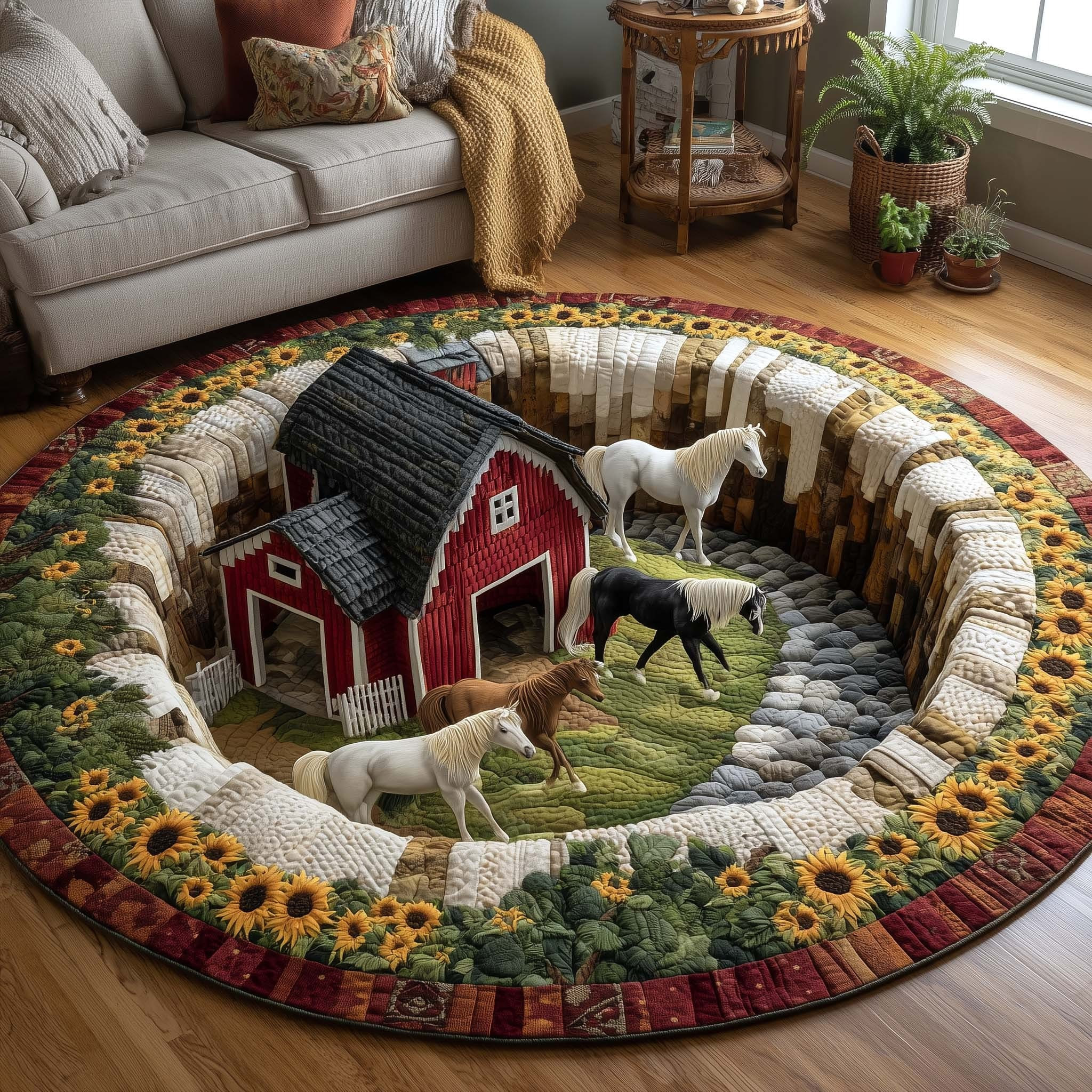Horse Farm Quilted Round Mat Country Style Area Rug Farmhouse Home Decor Horse Lovers Gifts