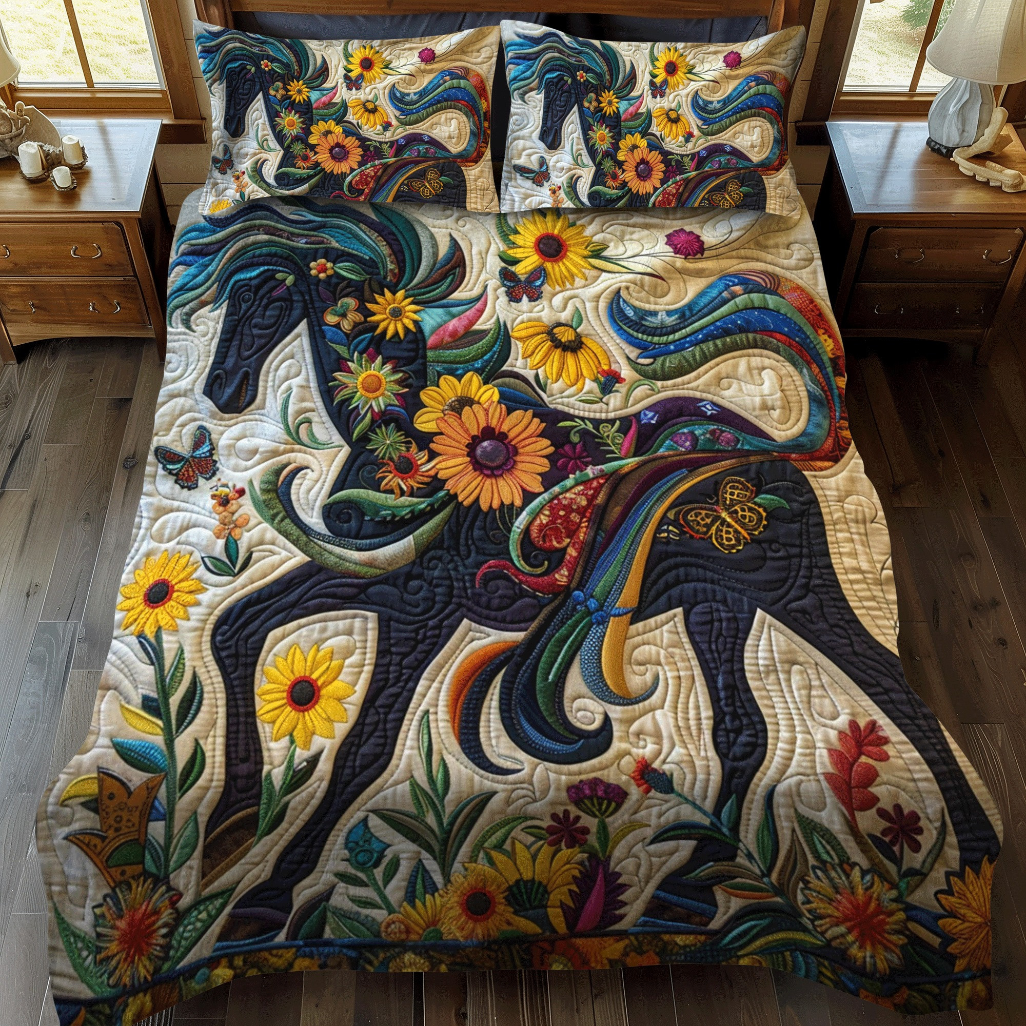 Horse Floral Quilted Bedding Set Whimsical Animal Bed Sheet Set Horse Themed Gifts