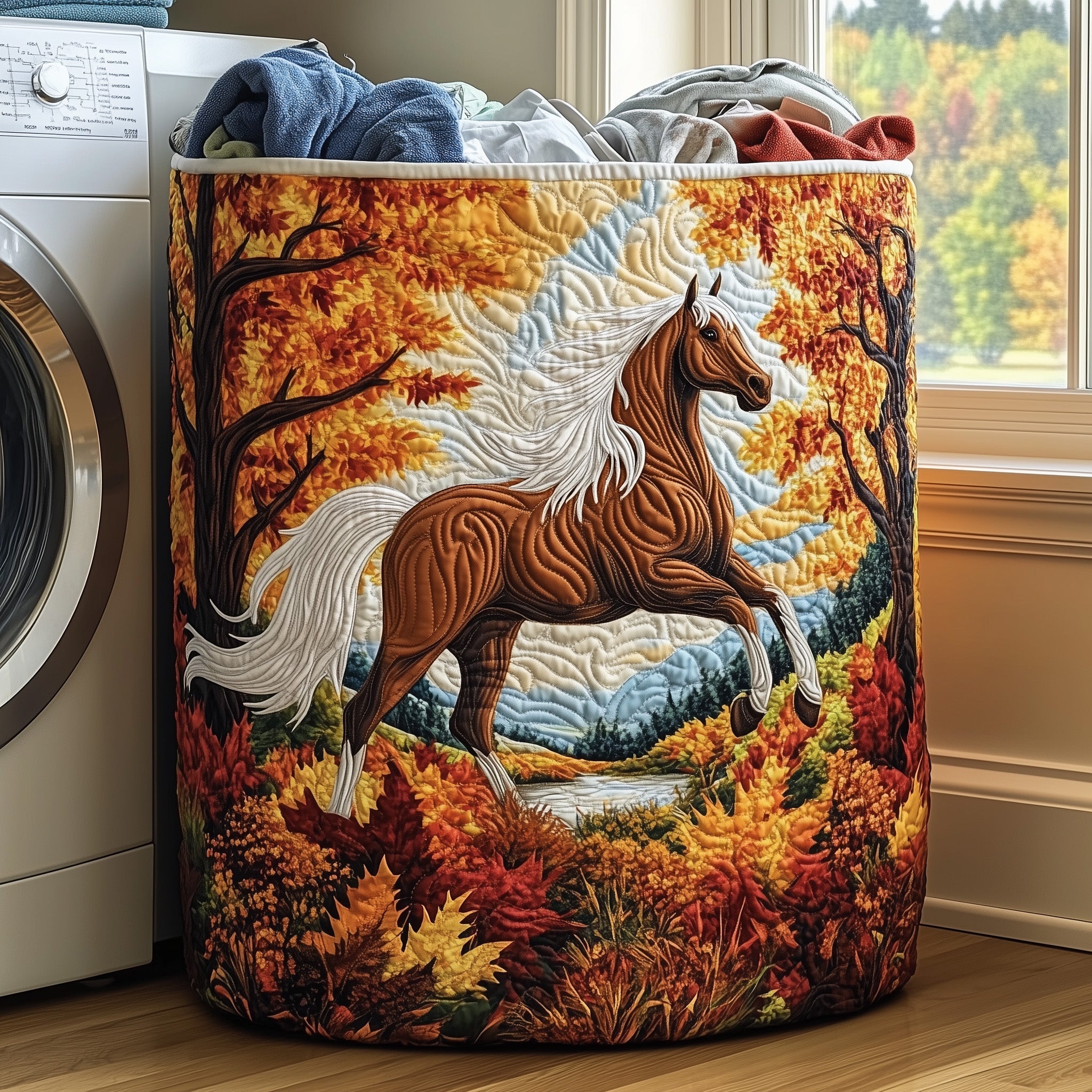 Horse Gallop Quilted Laundry Basket Autumn Themed Clothes Hamper Cool Gifts For Horse Lovers