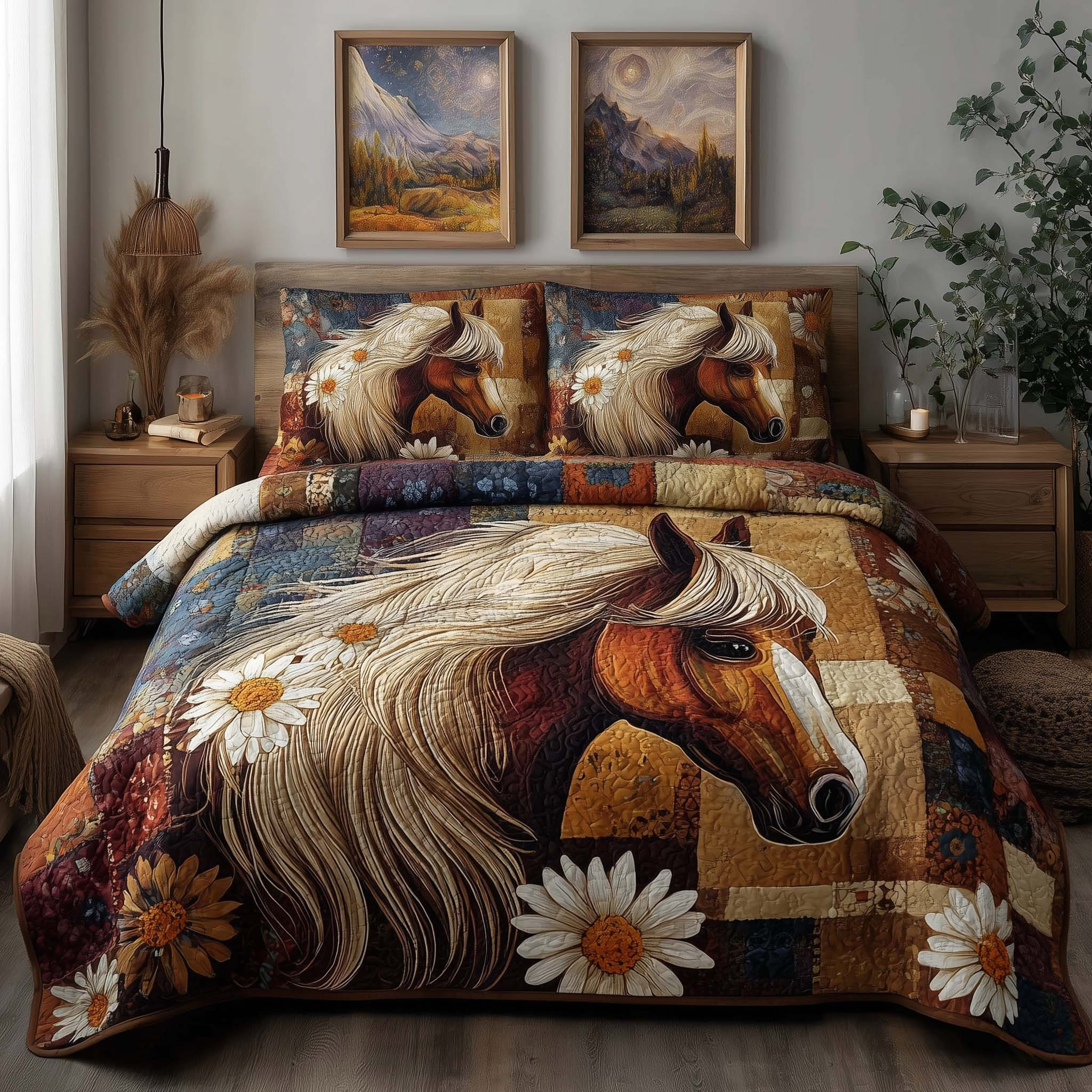 Horse Homestead Hooves Quilted Bedding Set Floral Bedspread Set Present For Horse Lover