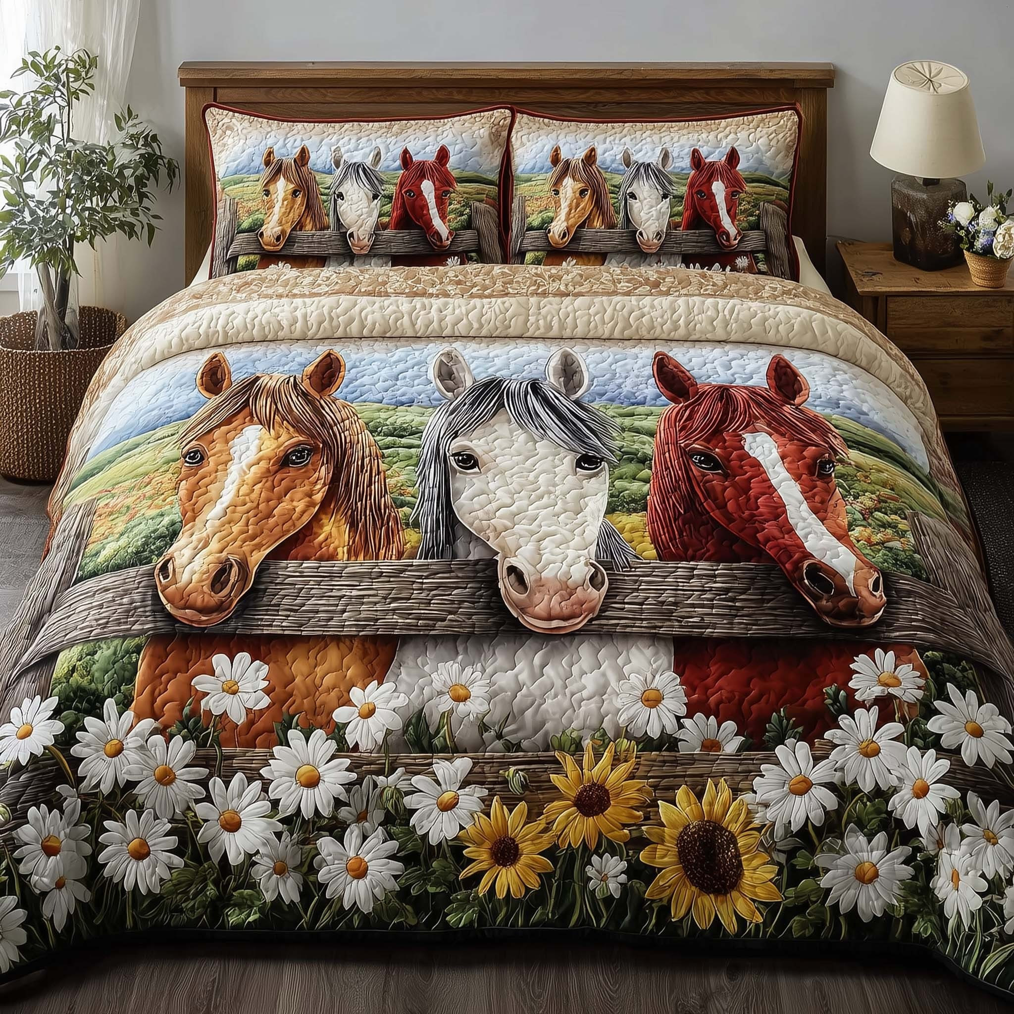 Horse Homestead Hooves Quilted Bedding Set Floral Farmhouse Bedspread Set Gifts For Horse Lover
