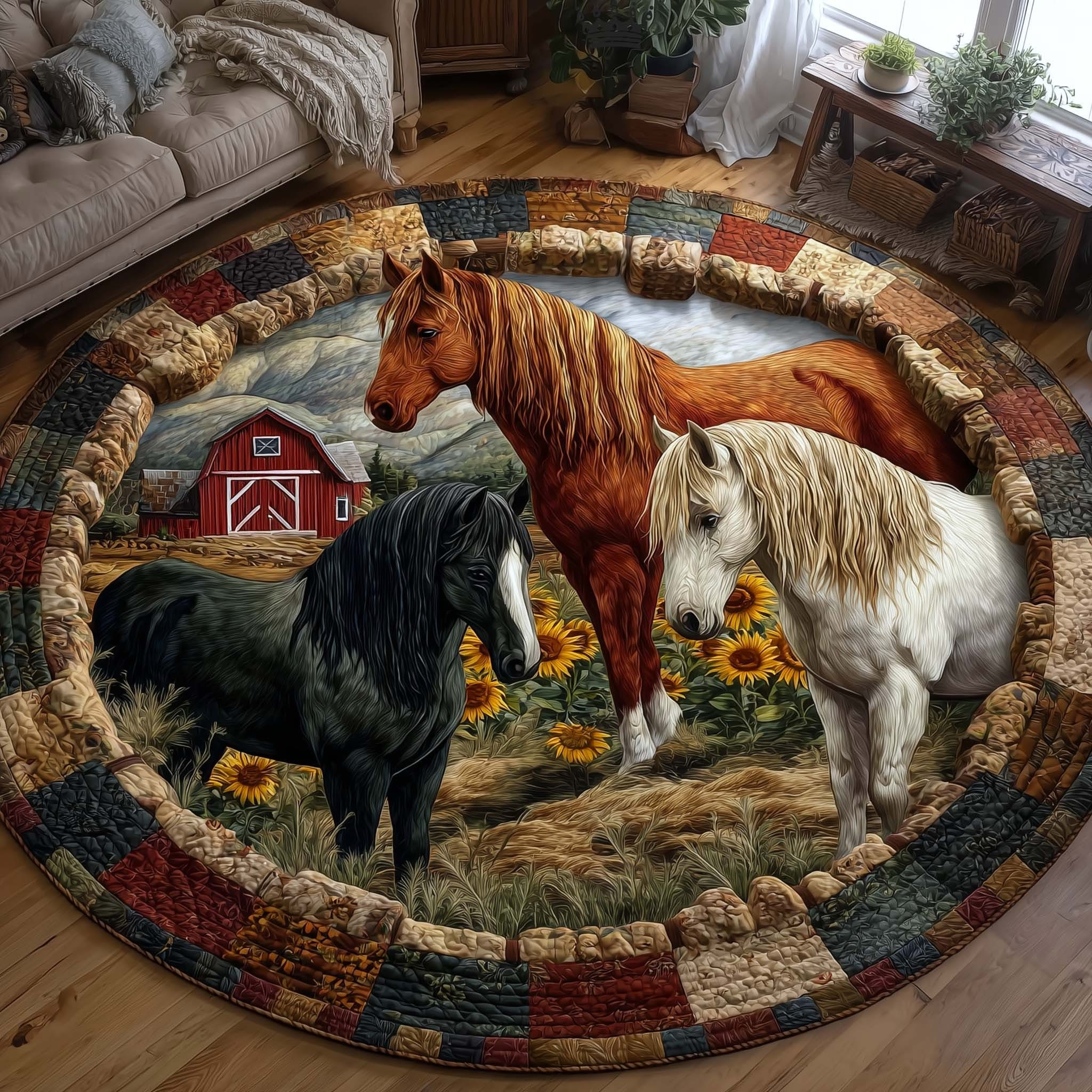 Horse Homestead Hooves Quilted Round Mat Farmhouse Area Rug Gifts For Horse Lovers