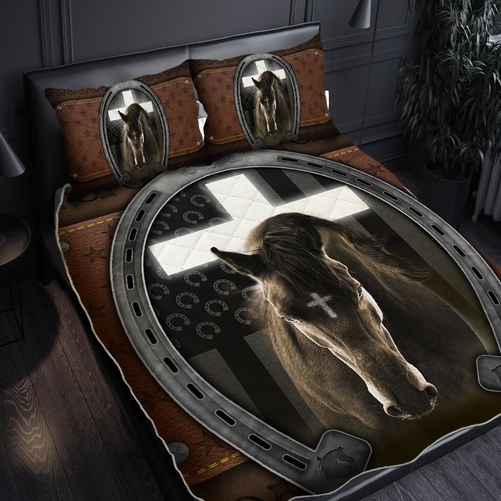 Horse Quilt Bedding Set Jesus And Black Horse Duvet Covers Set Equestrian Gifts For Christian