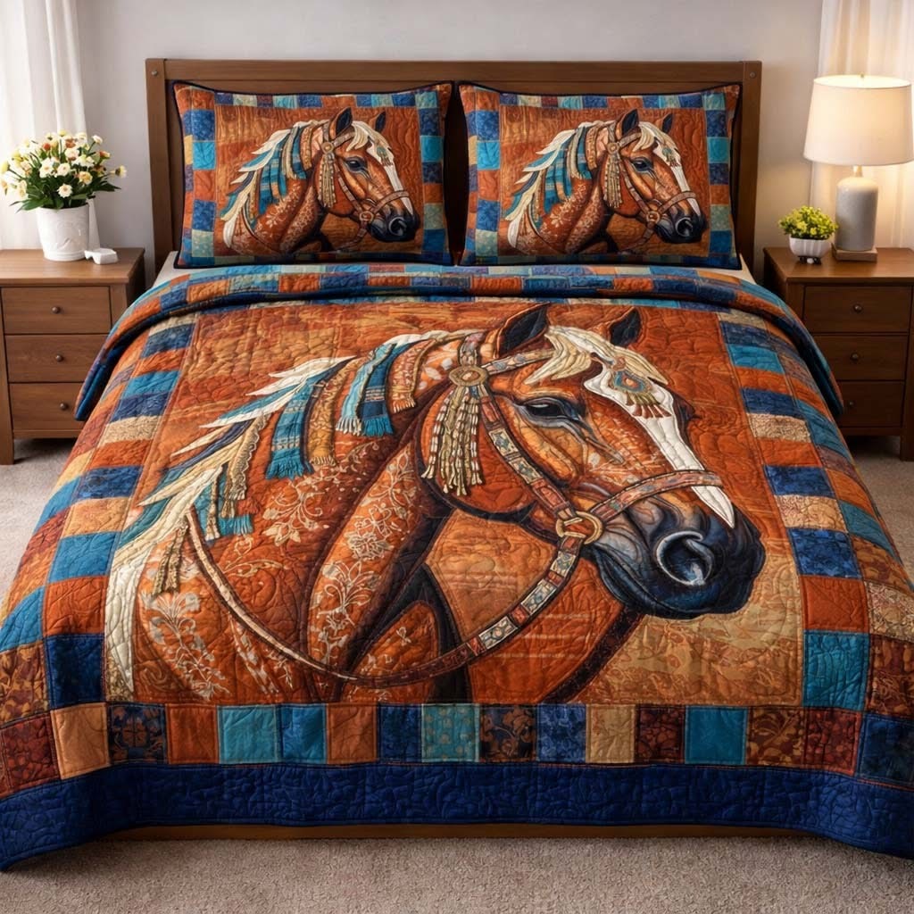 Horse Quilted Bedding Set Western Themed Duvet Cover Set Gifts For Horse Lovers